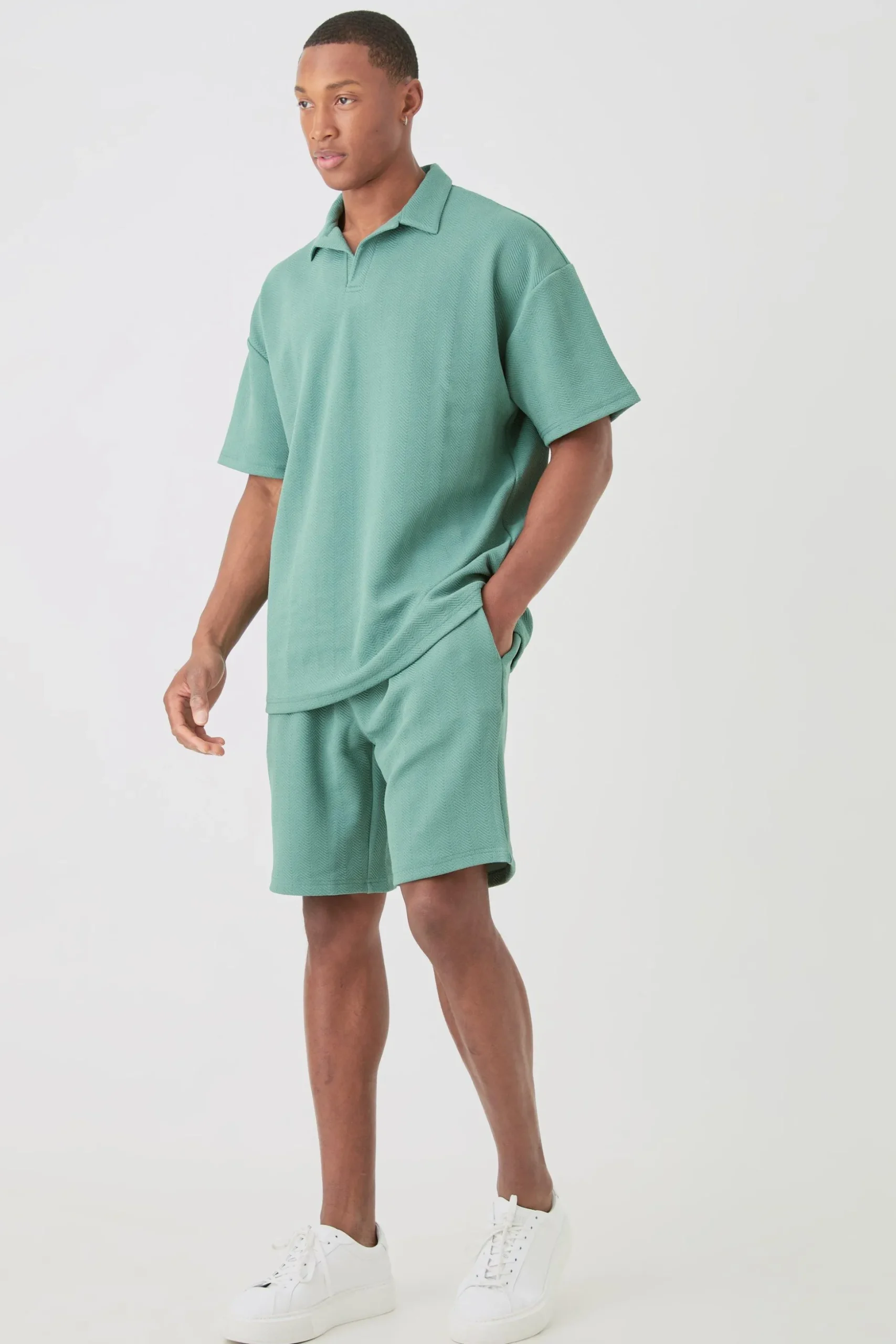 Oversized Herringbone Polo And Short Set | BoohooMAN UK