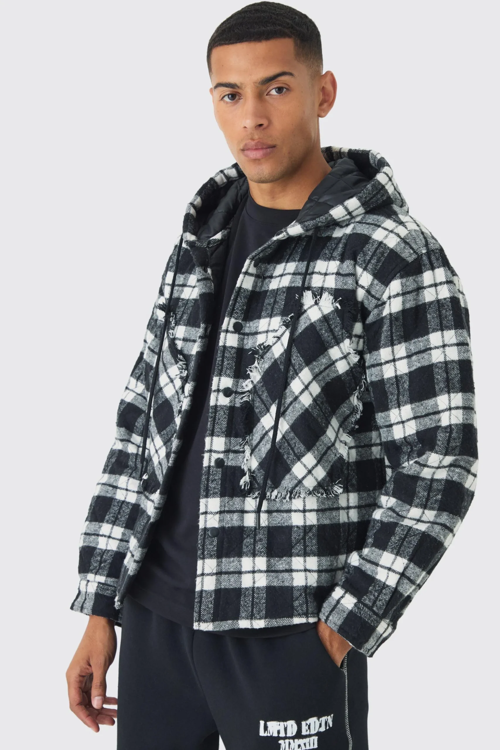 Oversized Hooded Check Patchwork Padded Shirt | BoohooMAN UK