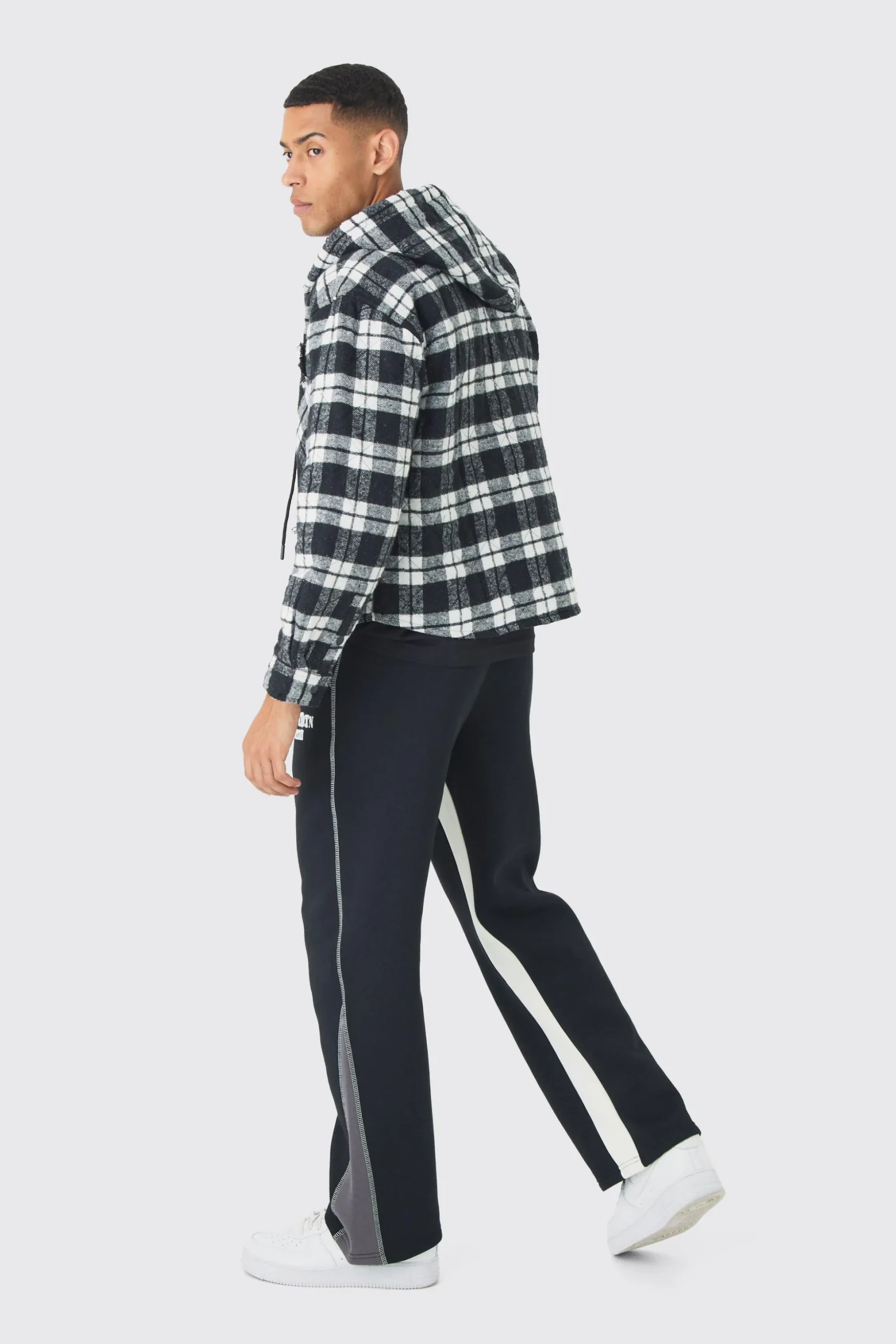 Oversized Hooded Check Patchwork Padded Shirt | BoohooMAN UK