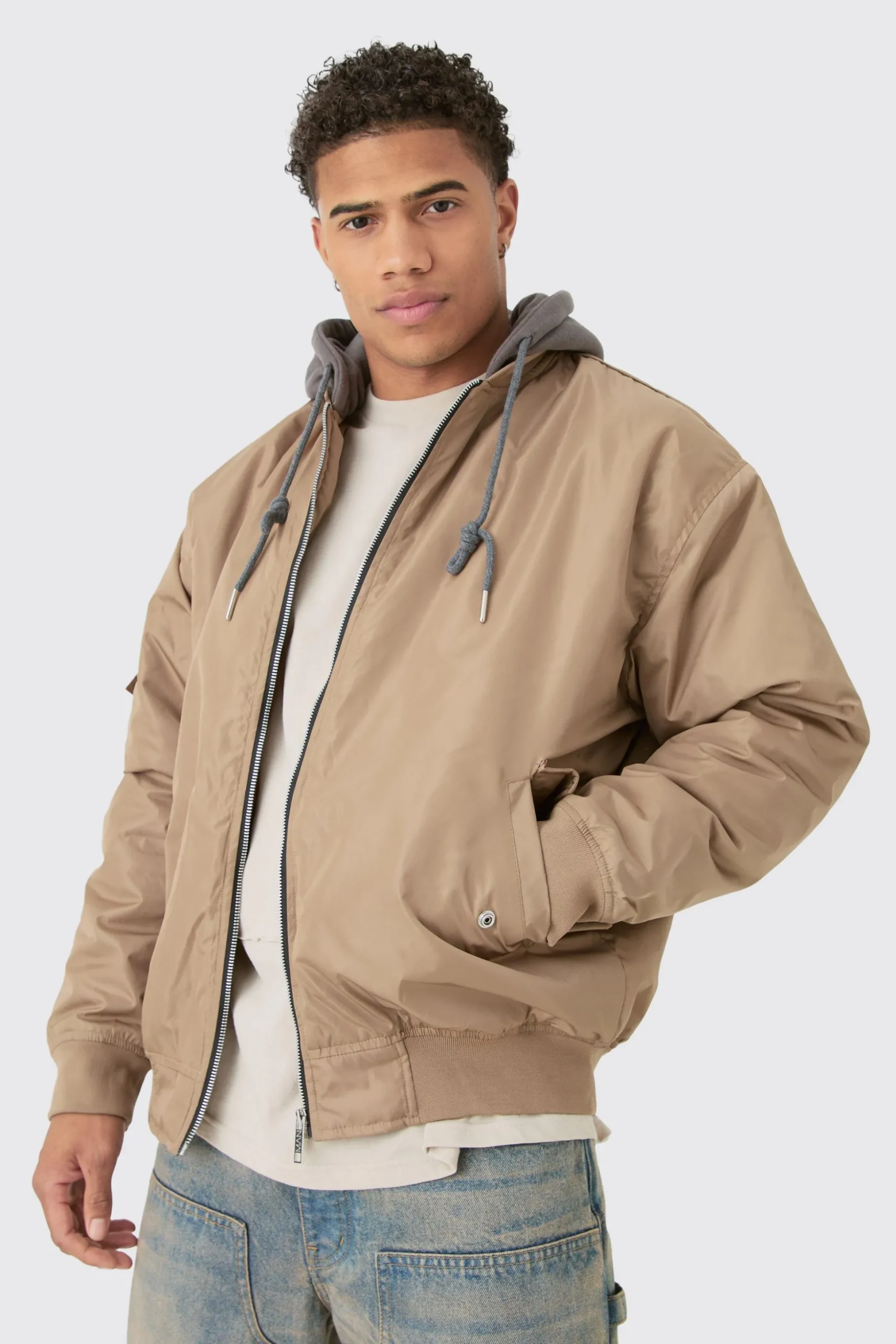 Oversized Hooded Ma1 Bomber Jacket In Stone | BoohooMAN UK
