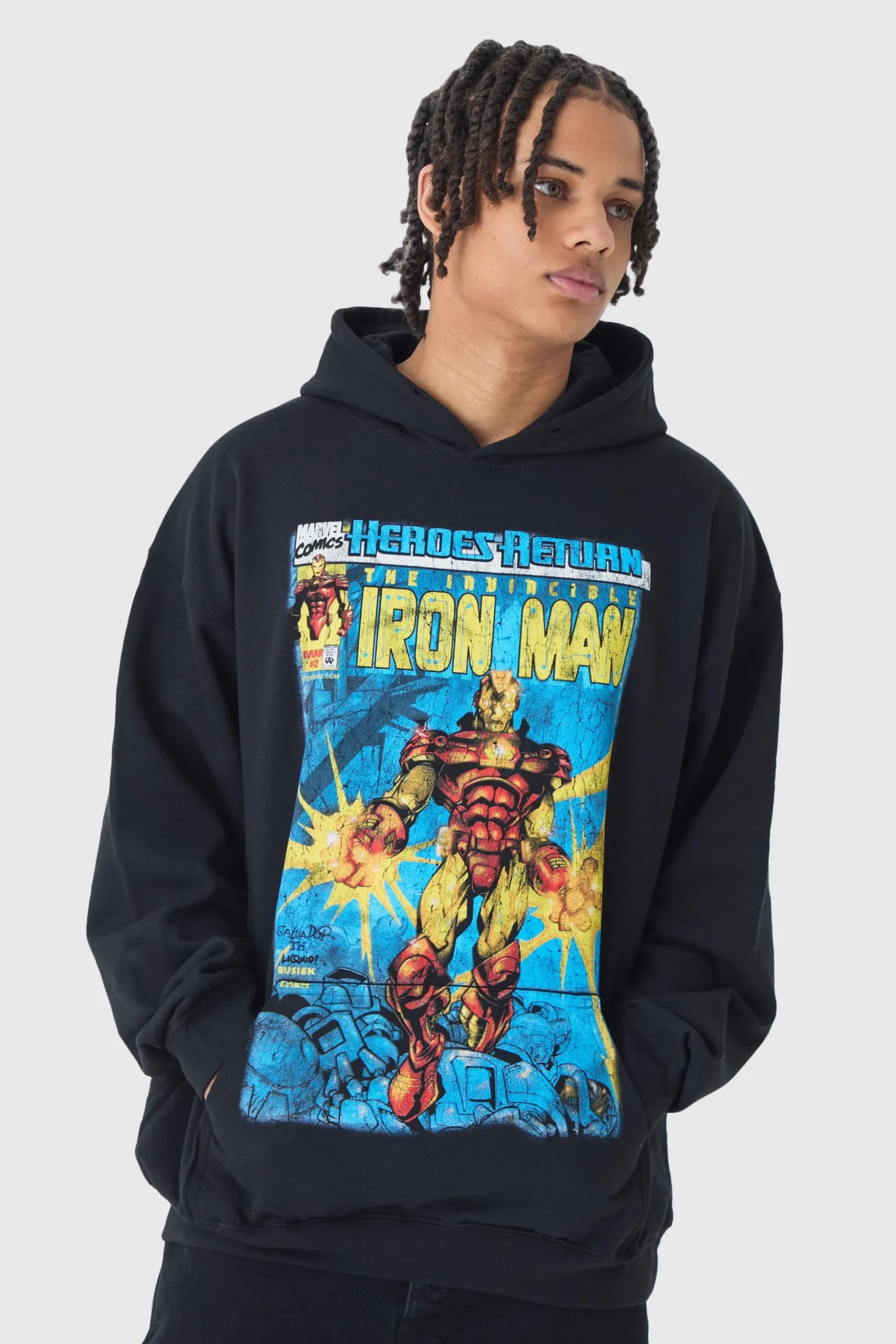 Oversized Iron Man Marvel License Print Hoodie | BoohooMAN UK