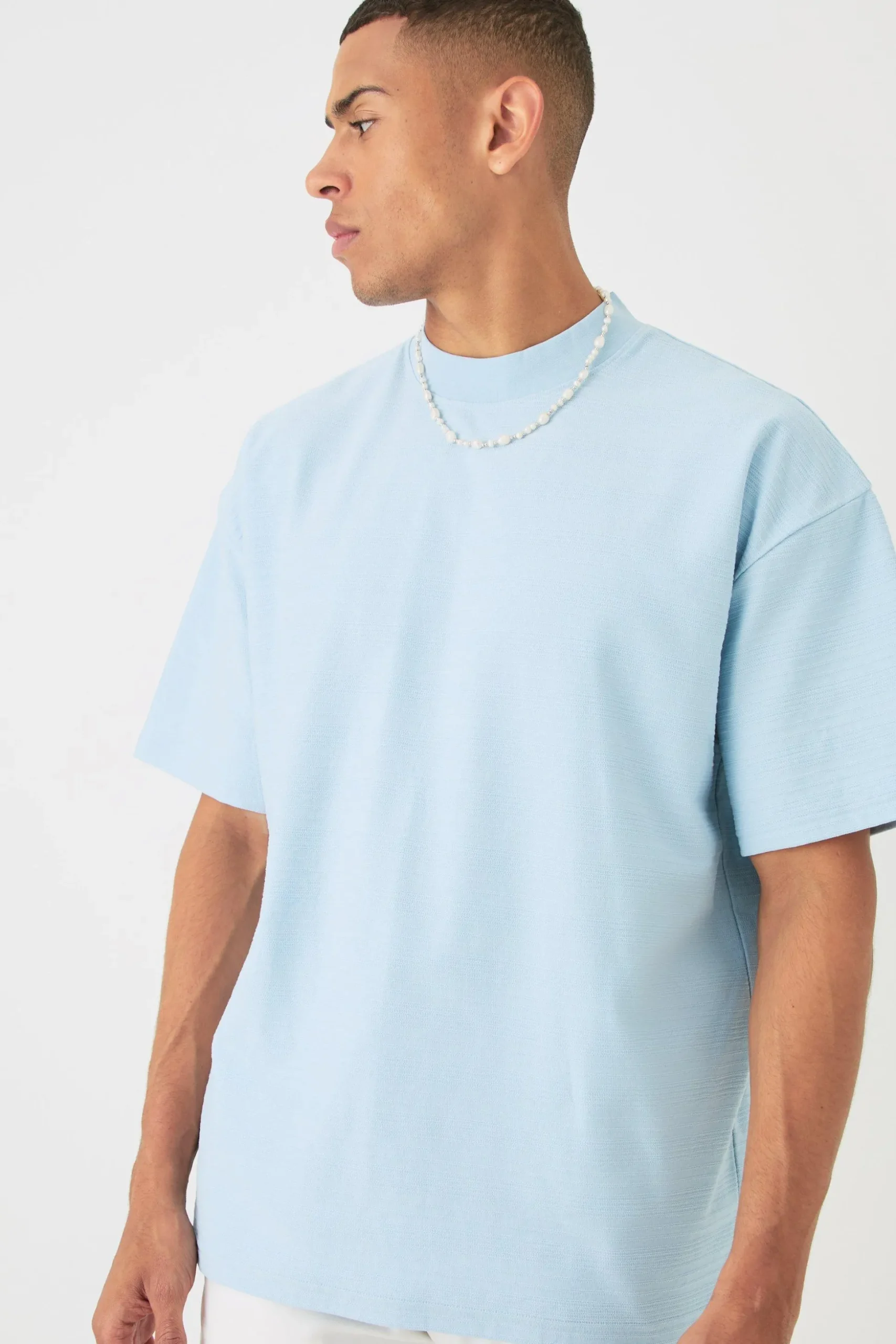 Oversized Jacquard Raised Striped Extended Neck T-shirt | BoohooMAN UK