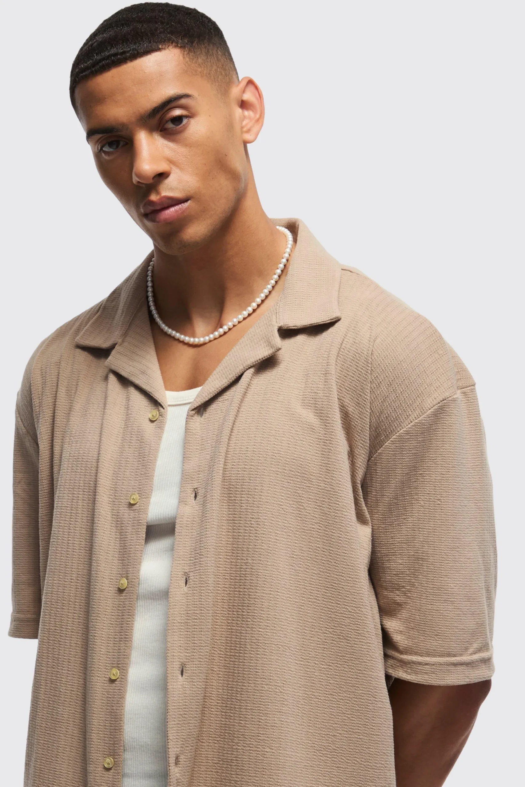 Oversized Jersey Textured Revere Shirt | BoohooMAN UK