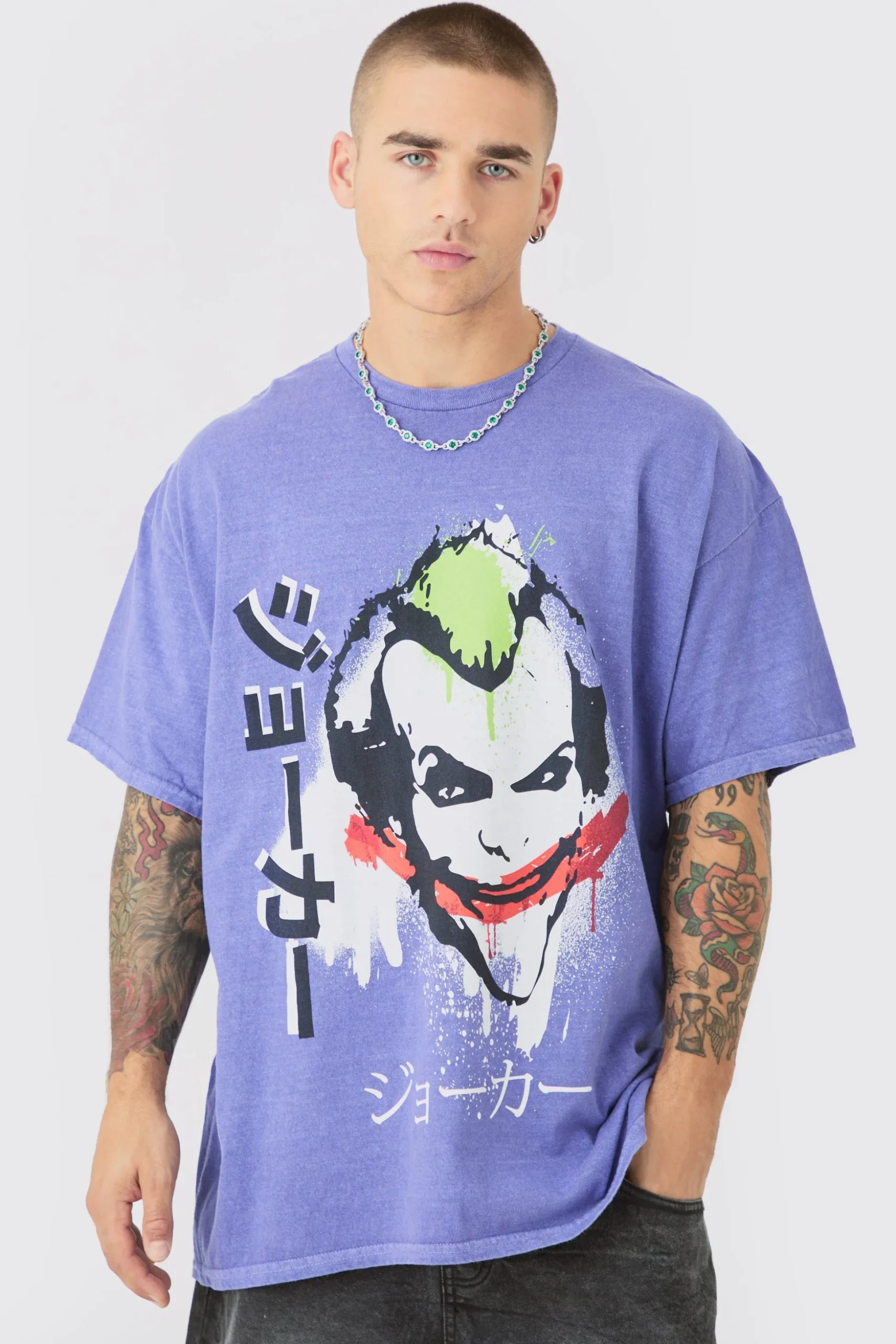 Oversized Joker Anime Wash License T-shirt | BoohooMAN UK