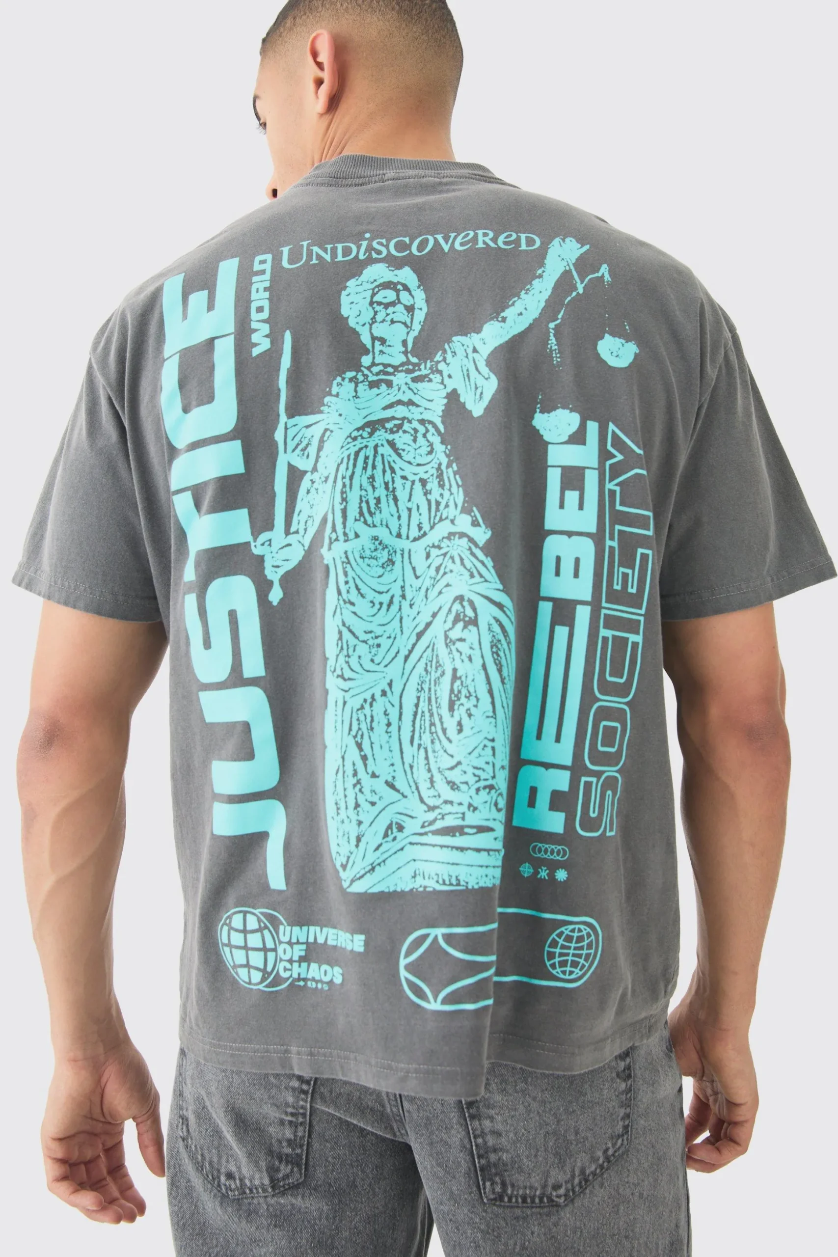 Oversized Justice Print Washed T-shirt | BoohooMAN UK