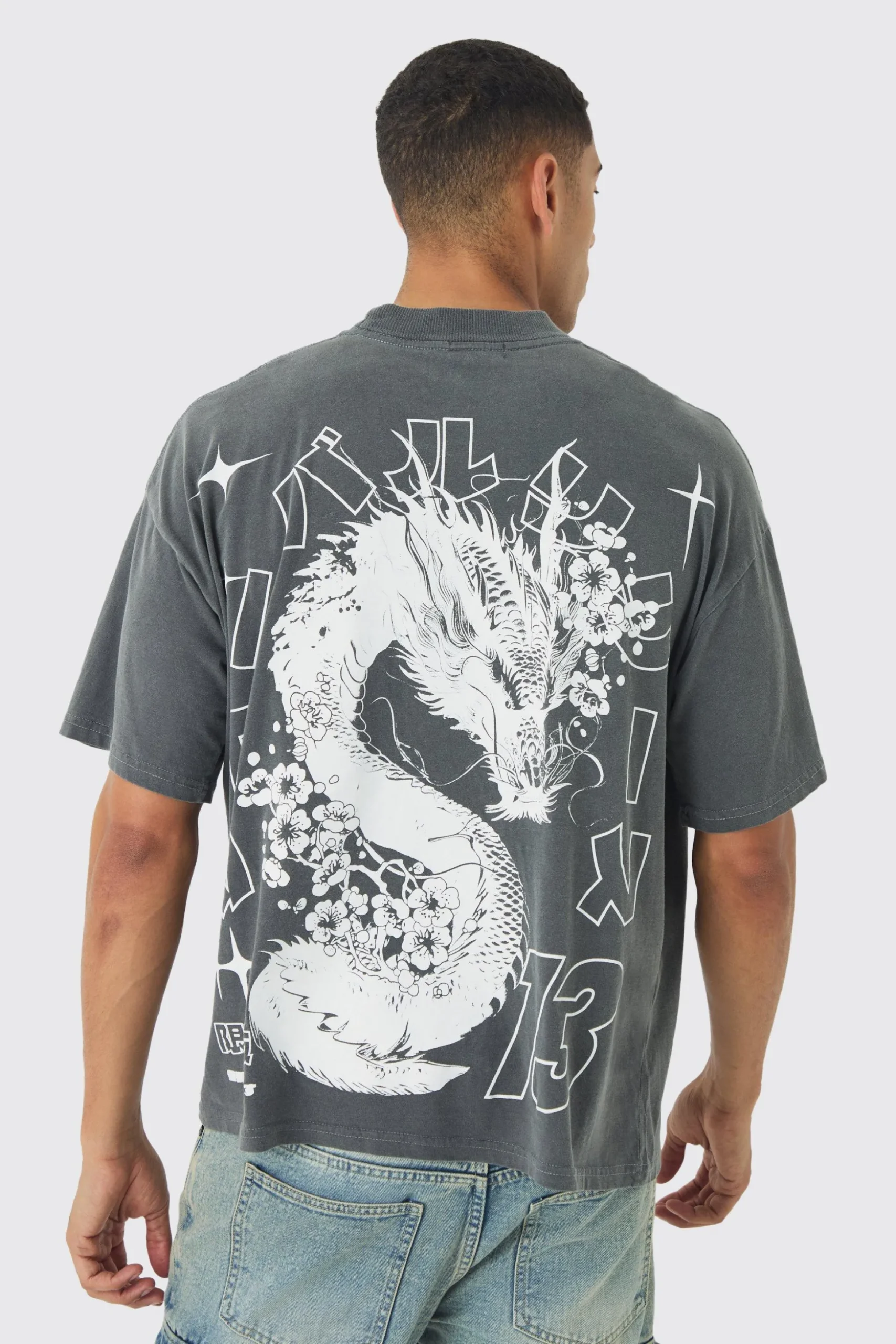 Oversized Large Scale Extended Neck Dragon Wash Print T-Shirt | BoohooMAN UK