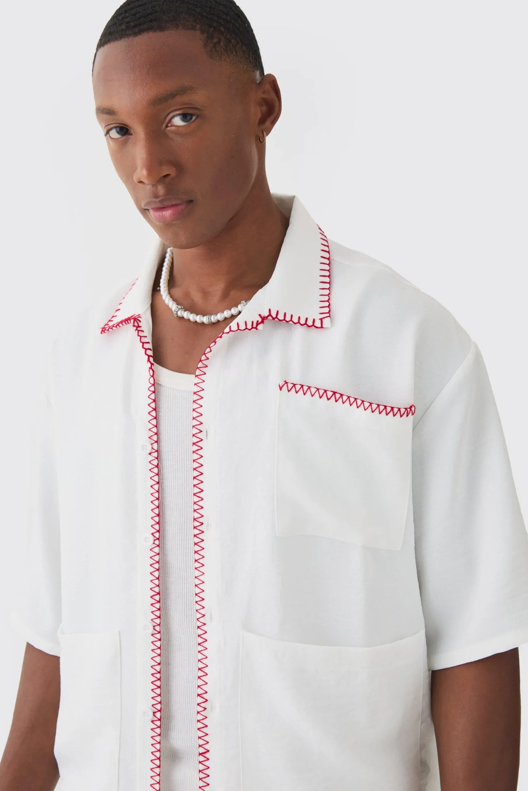 Oversized Linen Contrast Cross Stitch Shirt | BoohooMAN UK