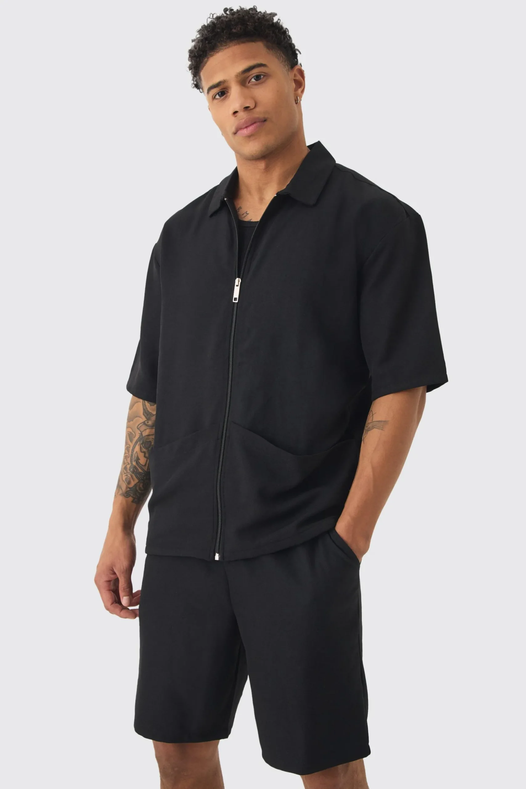 Oversized Linen Deep Pocket Shirt & Short Set | BoohooMAN UK