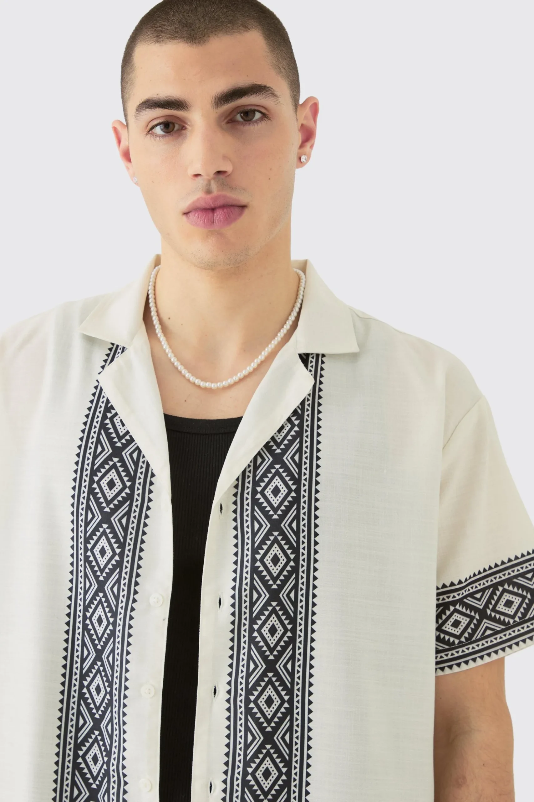 Oversized Linen Look Aztec Border Shirt | BoohooMAN UK