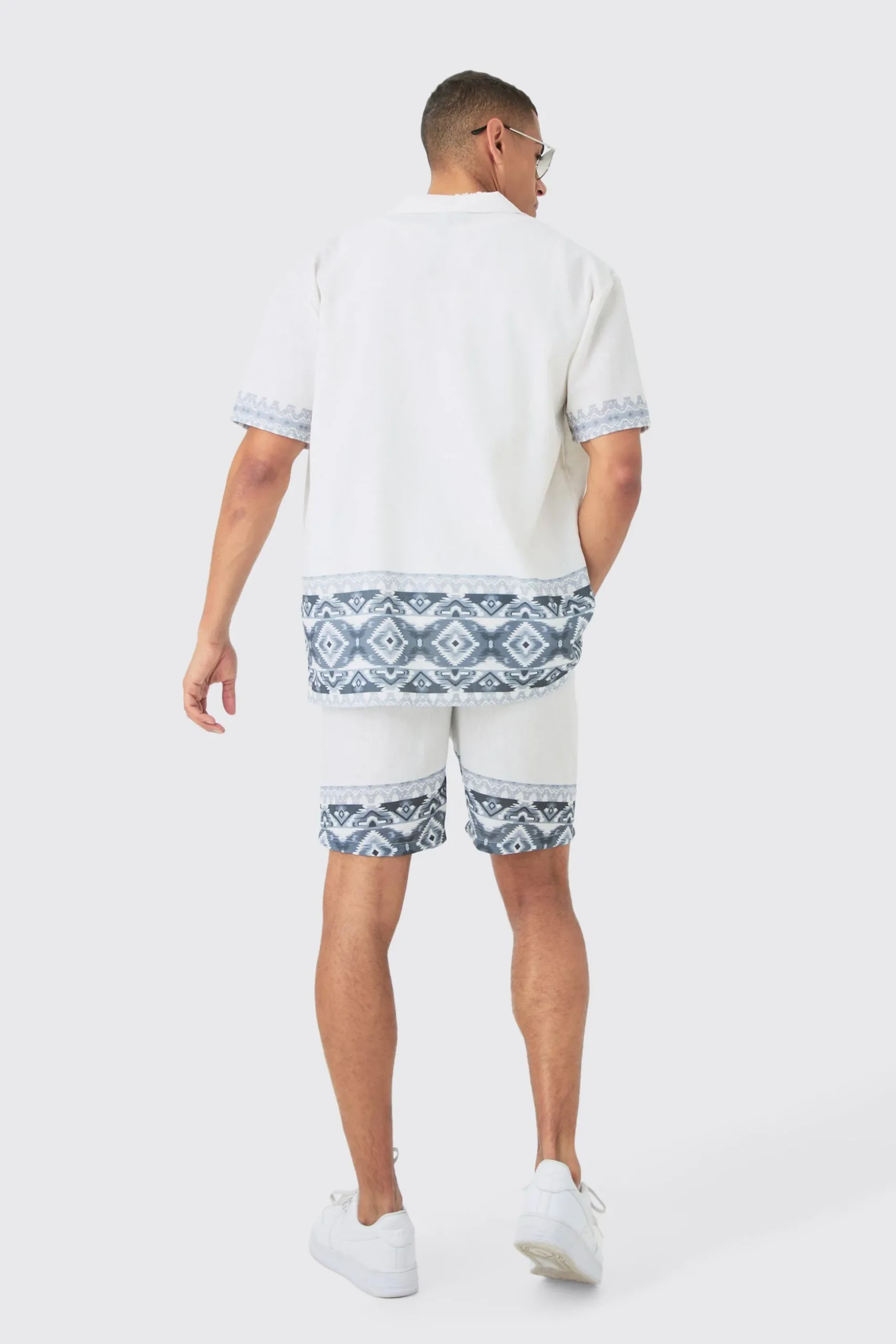 Oversized Linen Look Border Hem Shirt & Short | BoohooMAN UK