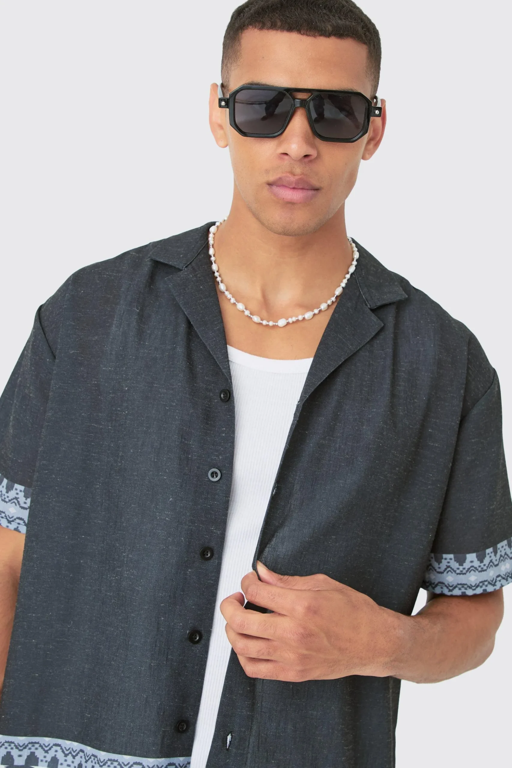 Oversized Linen Look Border Hem Shirt & Short | BoohooMAN UK