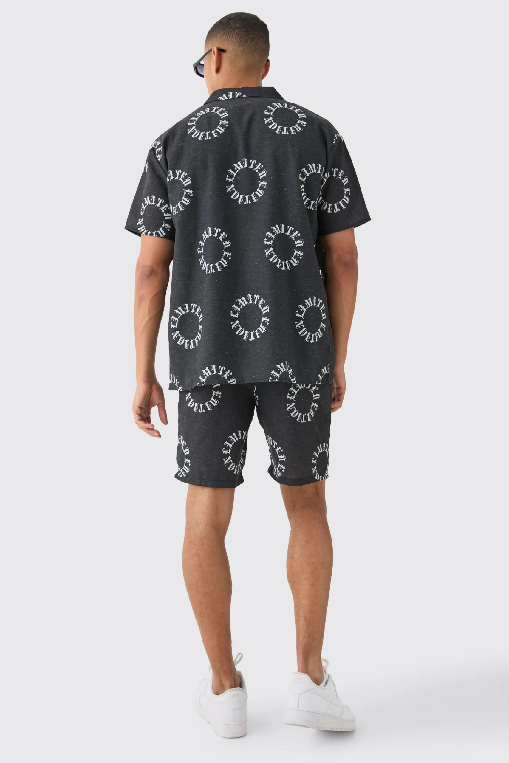 Oversized Linen Look Monogram Shirt & Short Set | BoohooMAN UK