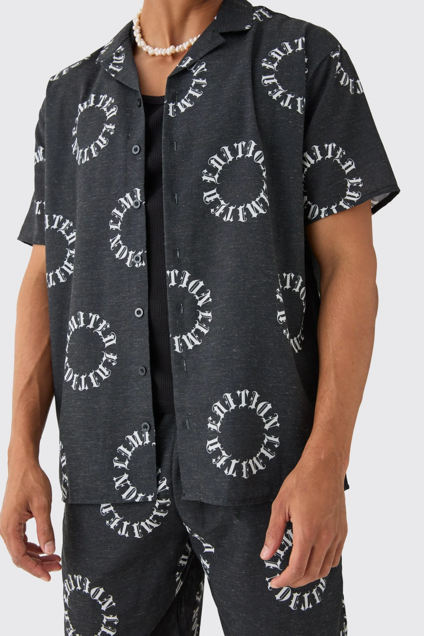 Oversized Linen Look Monogram Shirt & Short Set | BoohooMAN UK