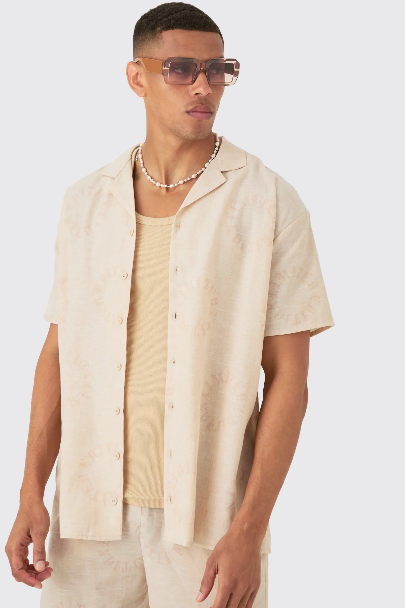 Oversized Linen Look Monogram Shirt & Short Set | BoohooMAN UK
