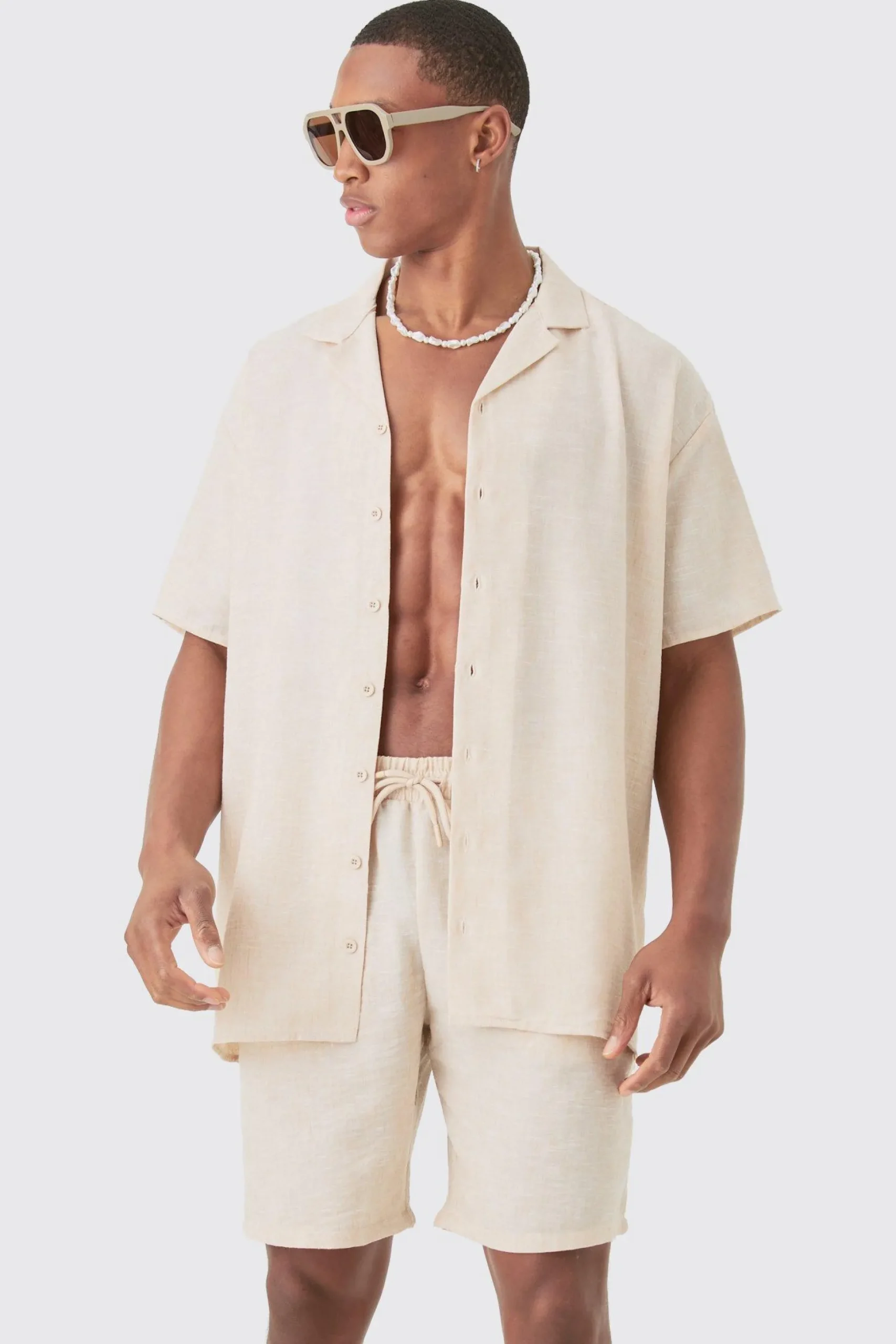 Oversized Linen Look Shirt & Short Set | BoohooMAN UK