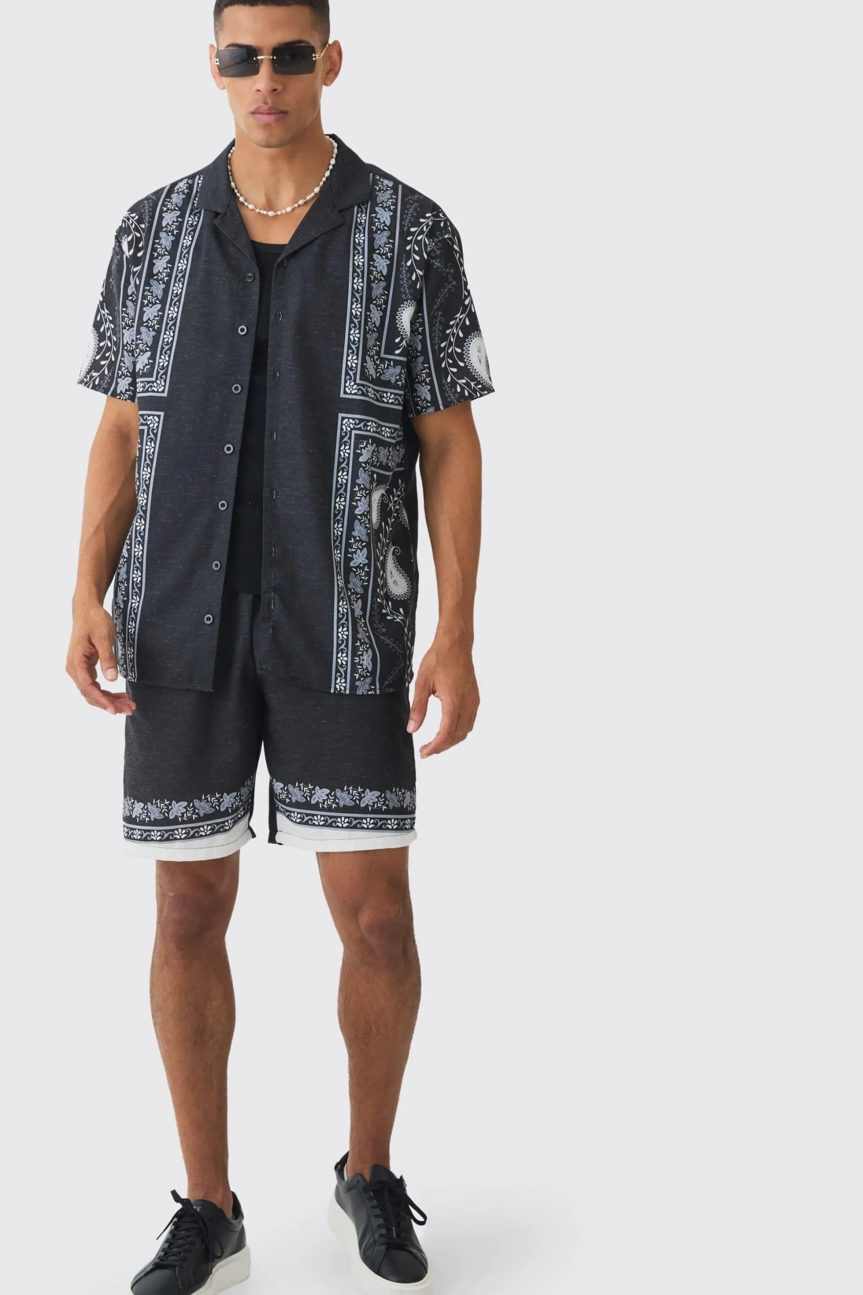 Oversized Linen Look Tile Print Shirt & Short | BoohooMAN UK