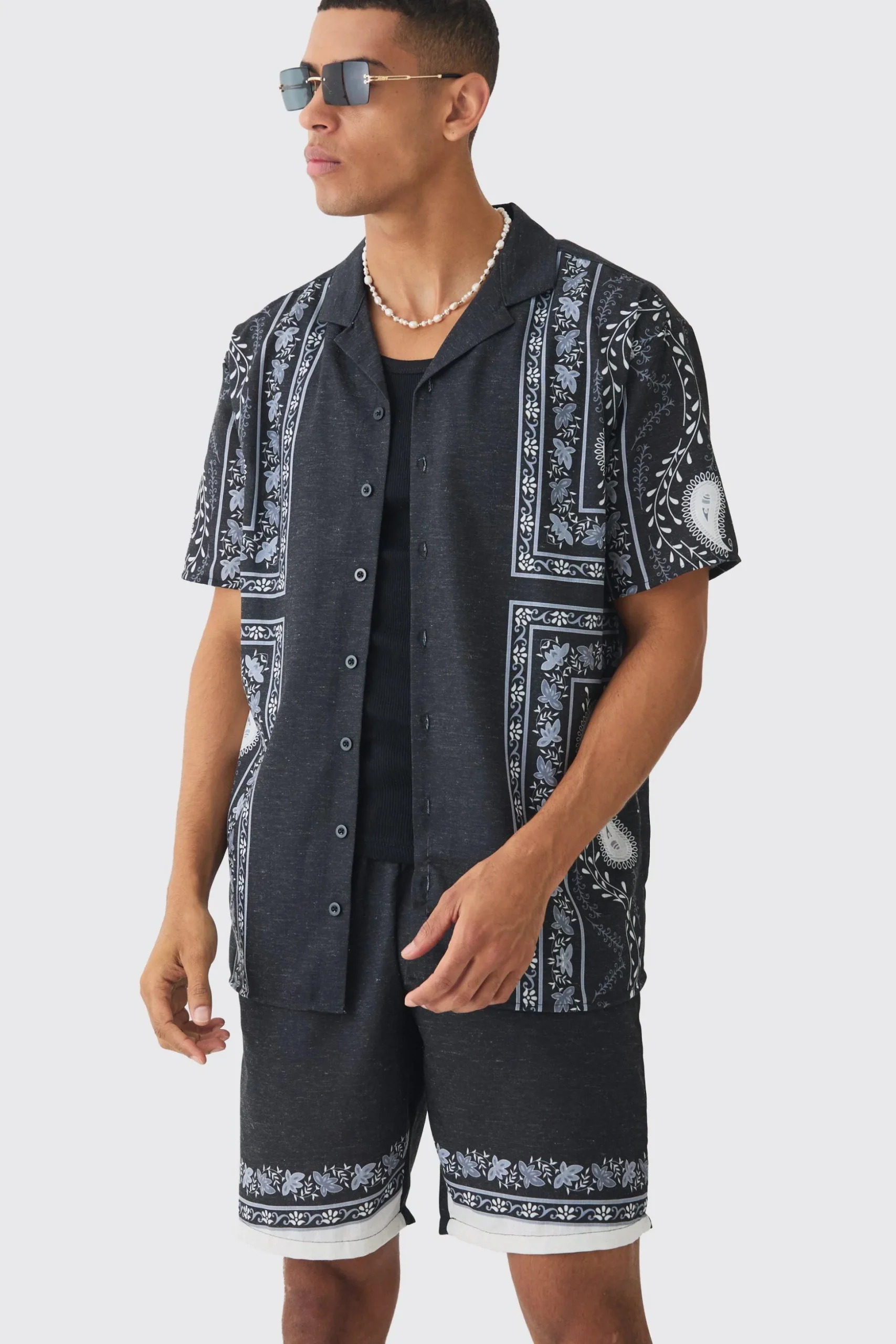 Oversized Linen Look Tile Print Shirt & Short | BoohooMAN UK