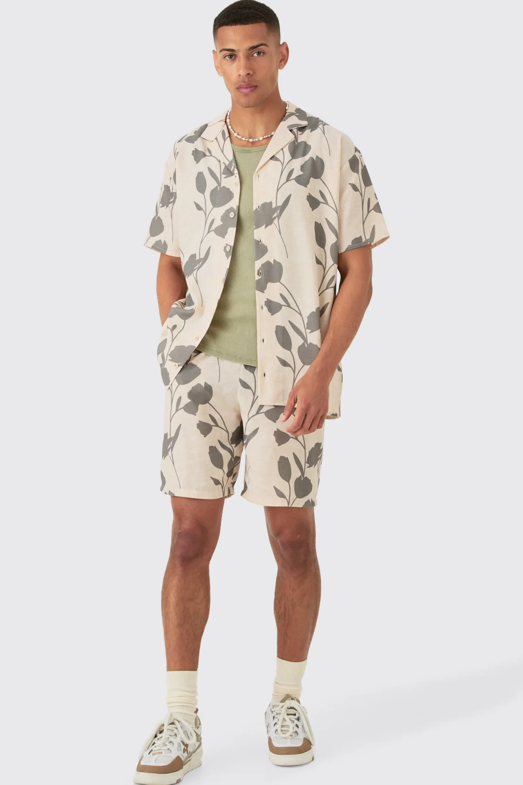 Oversized Linen Look Vine Shirt & Short Set | BoohooMAN UK