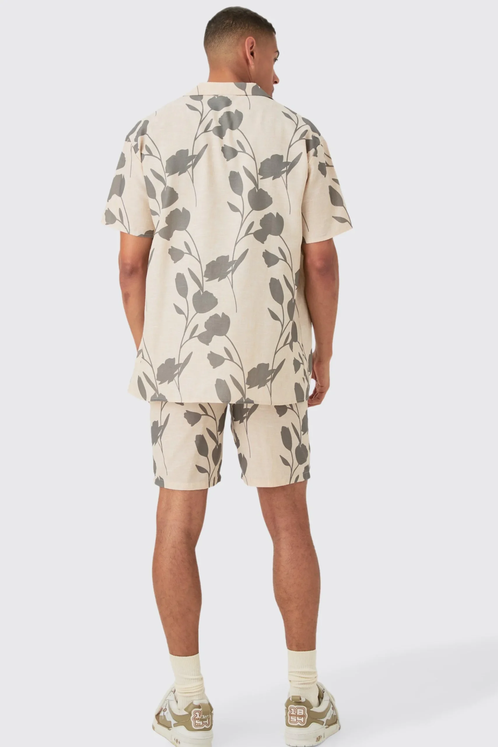 Oversized Linen Look Vine Shirt & Short Set | BoohooMAN UK