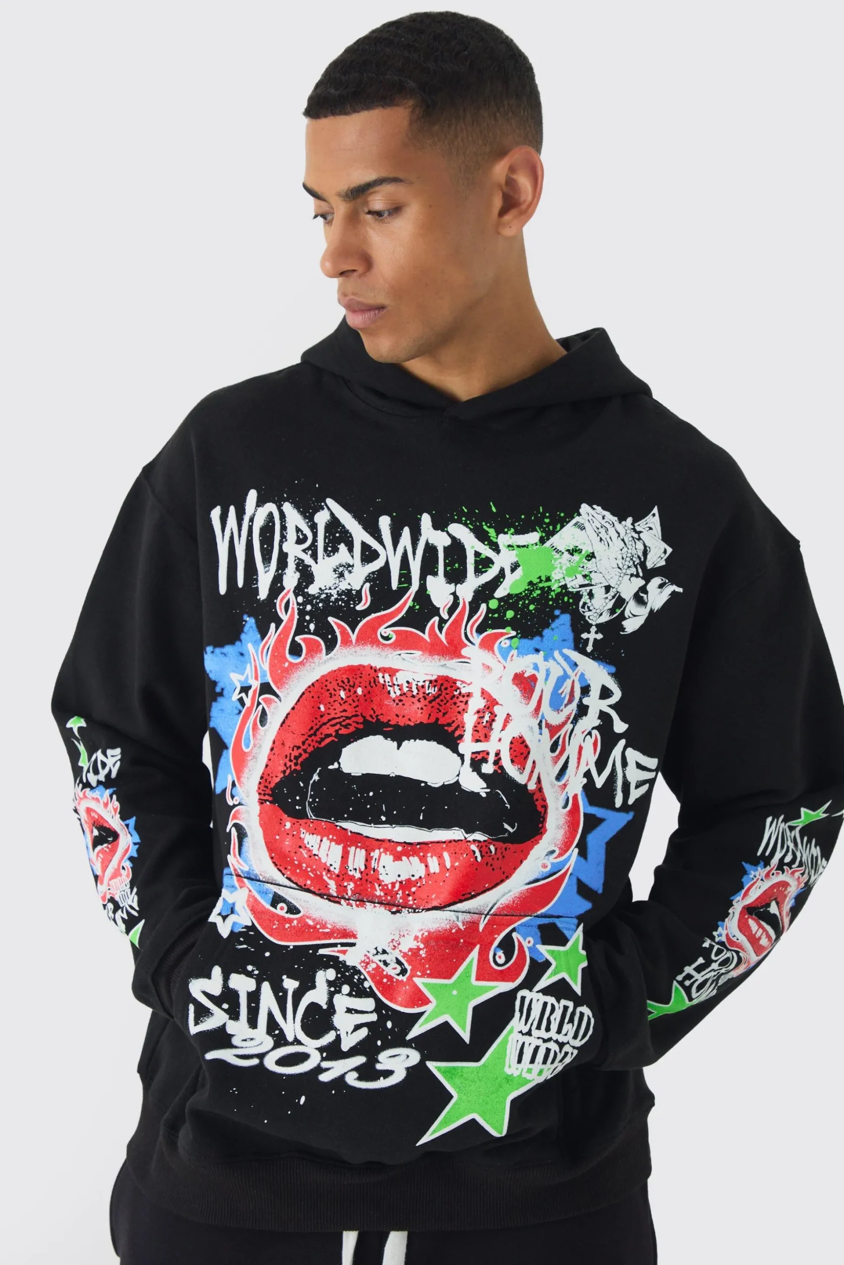 Oversized Lip Graffiti Graphic Hoodie | BoohooMAN UK