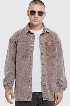 Oversized Long Sleeve Acid Wash Corduroy Shirt | BoohooMAN UK