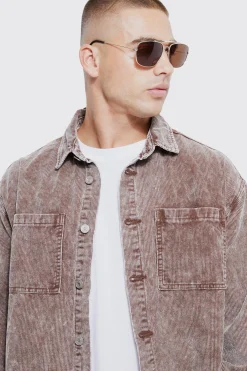 Oversized Long Sleeve Acid Wash Corduroy Shirt | BoohooMAN UK