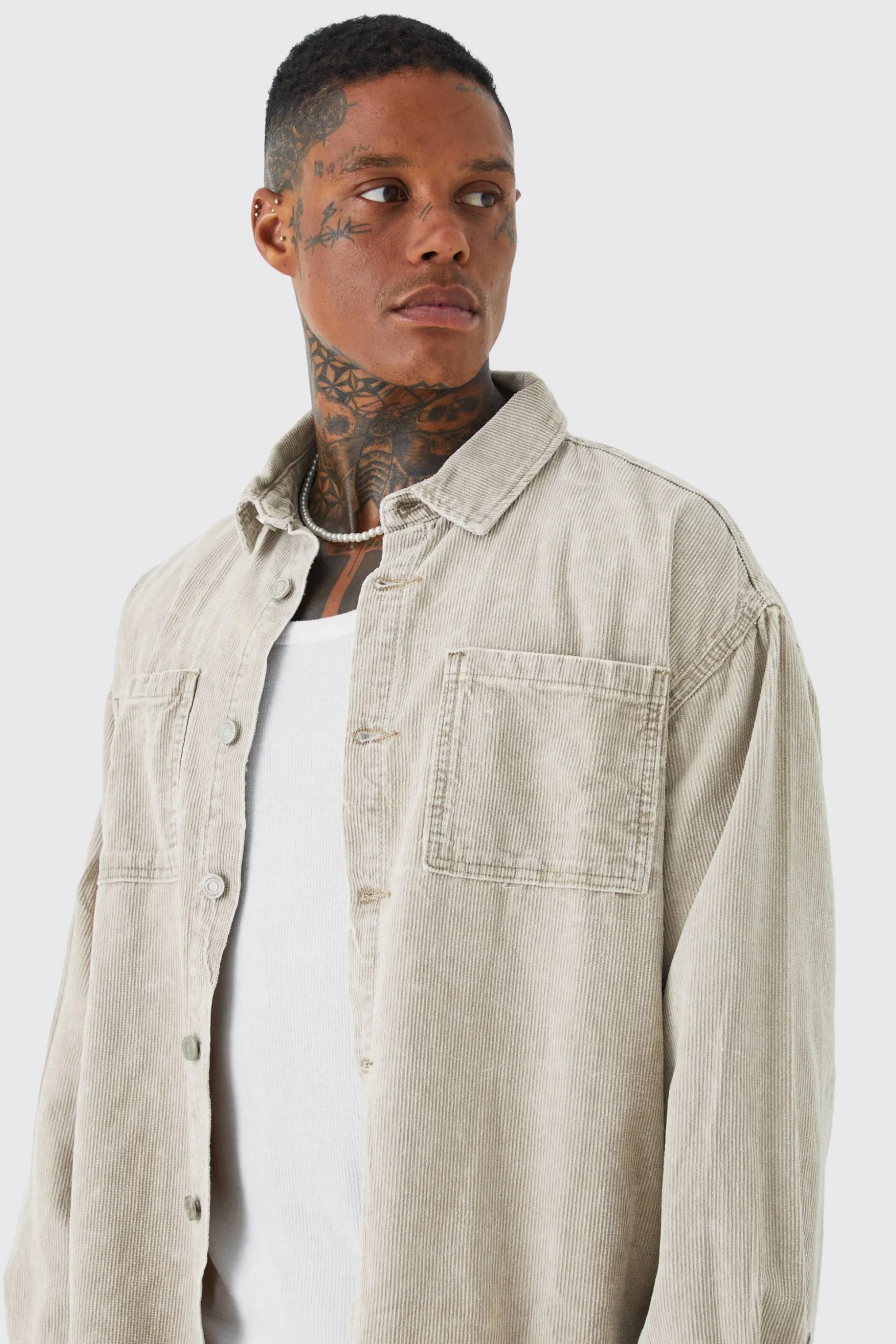 Oversized Long Sleeve Acid Wash Corduroy Shirt | BoohooMAN UK