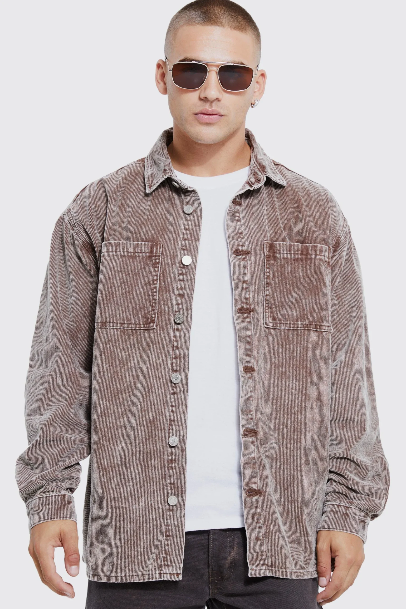 Oversized Long Sleeve Acid Wash Cord Shirt And Trouser Set | BoohooMAN UK