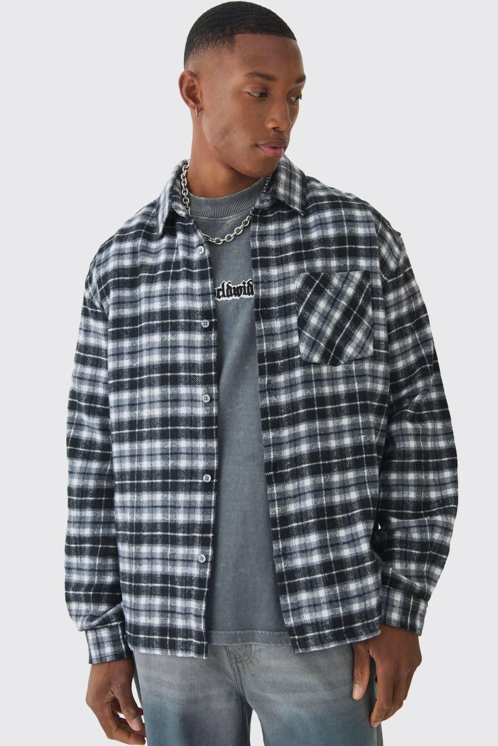 Oversized Long Sleeve Check Shirt | BoohooMAN UK