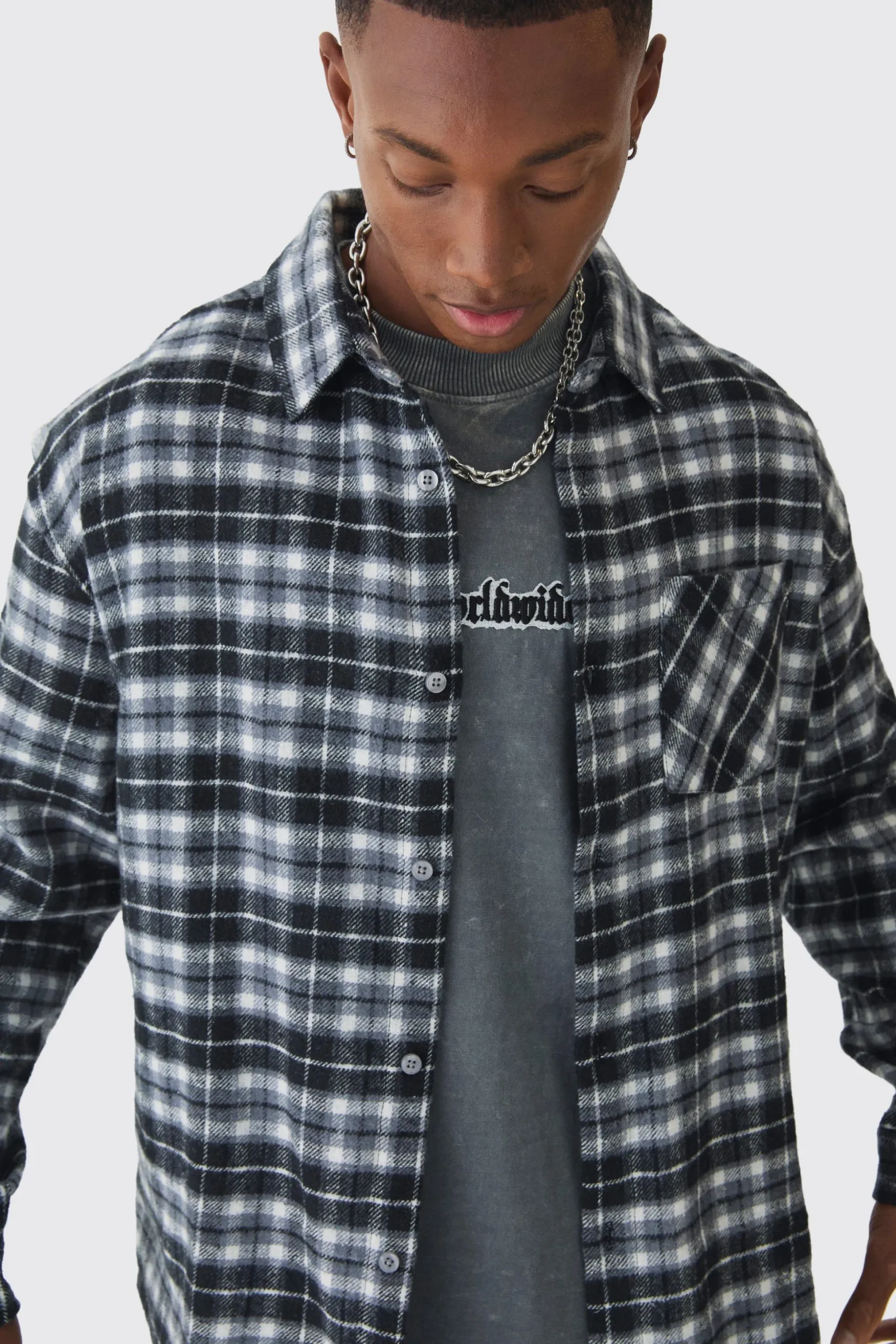 Oversized Long Sleeve Check Shirt | BoohooMAN UK