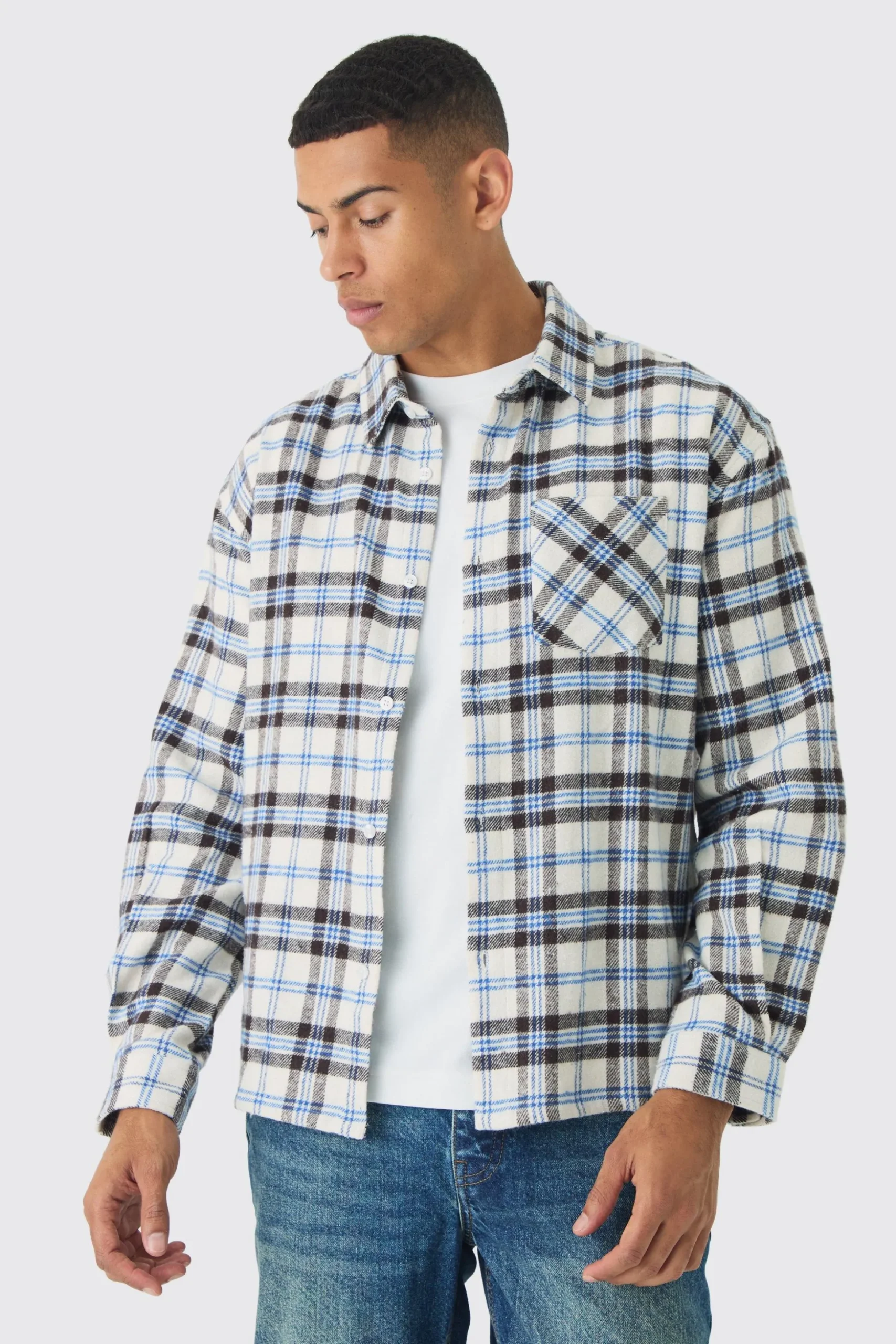 Oversized Long Sleeve Check Shirt | BoohooMAN UK
