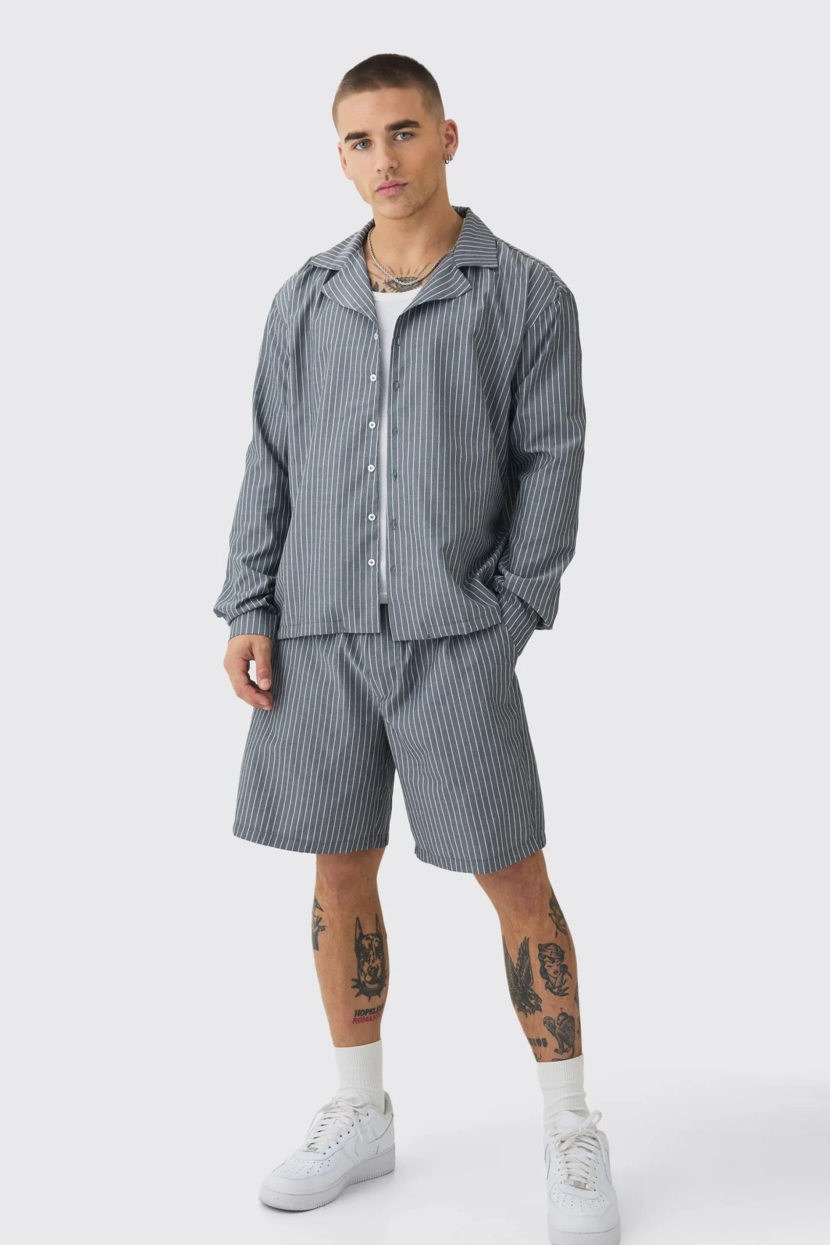 Oversized Long Sleeve Stripe Shirt & Short Set | BoohooMAN UK
