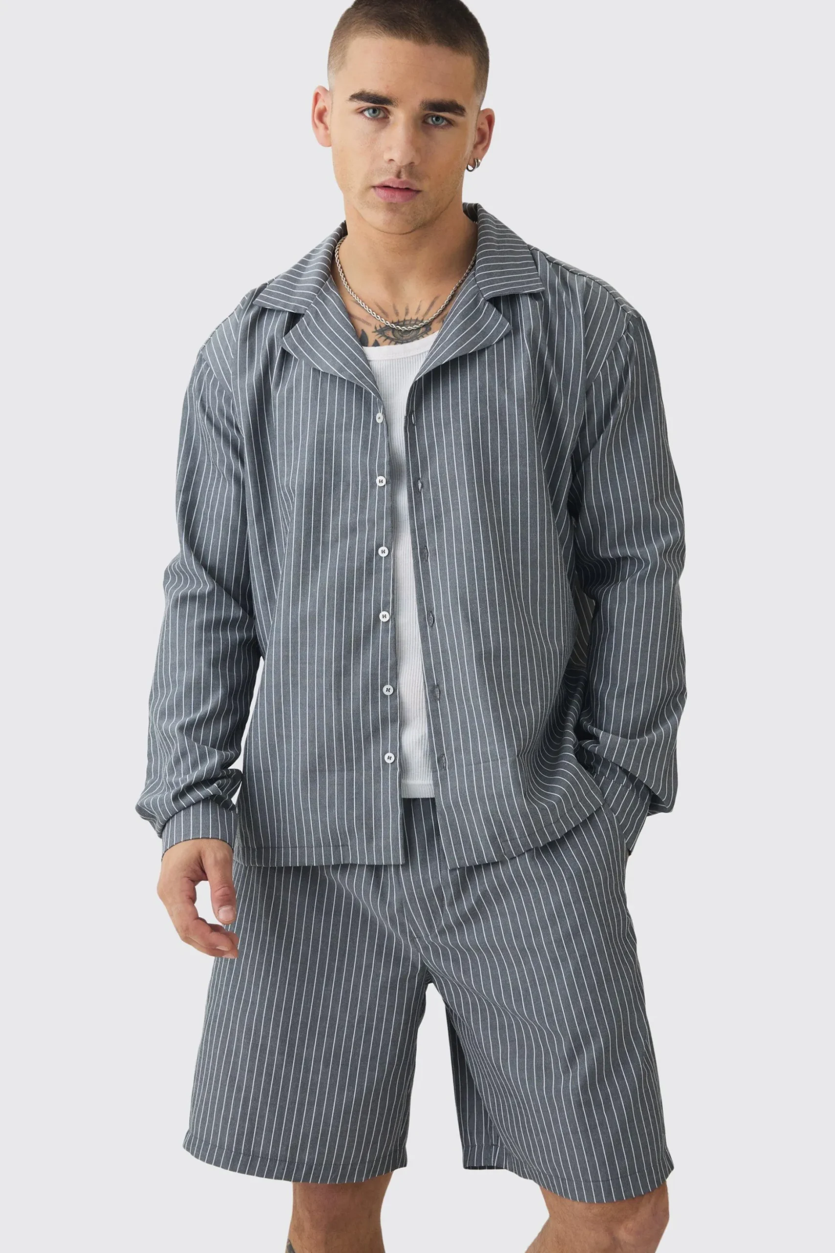 Oversized Long Sleeve Stripe Shirt & Short Set | BoohooMAN UK