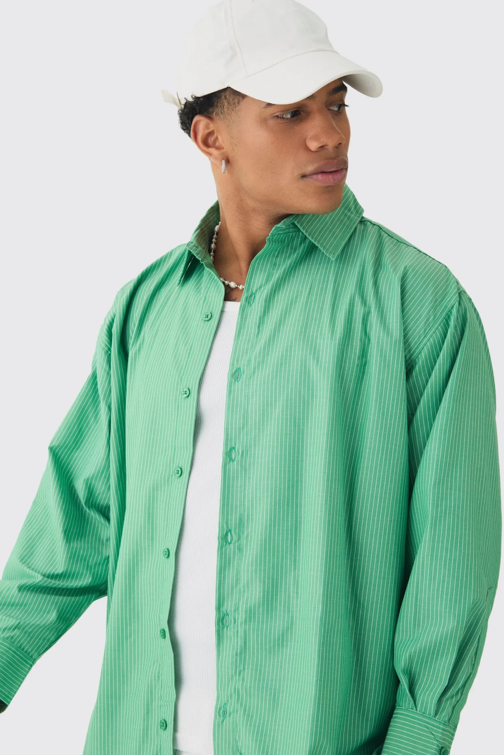 Oversized Long Sleeved Striped Shirt In Green | BoohooMAN UK