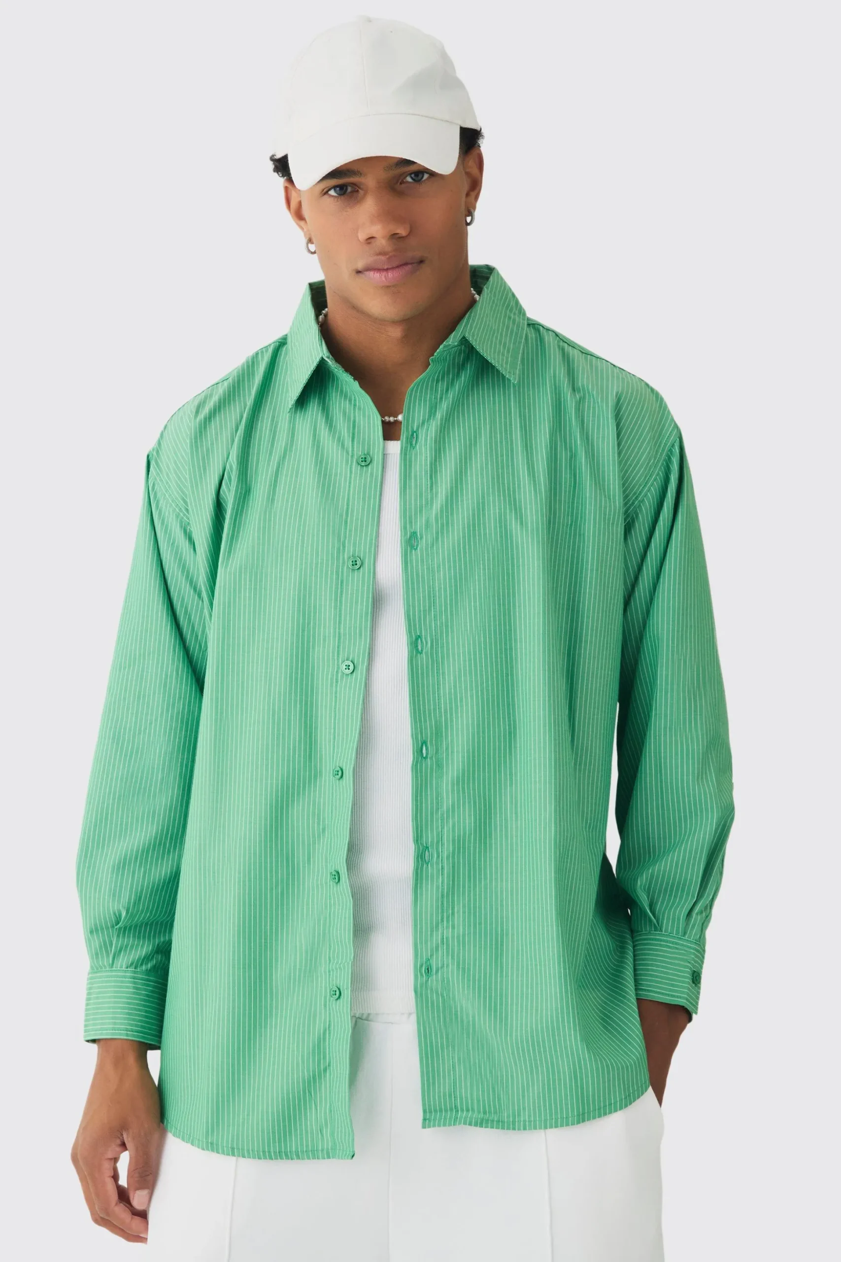 Oversized Long Sleeved Striped Shirt In Green | BoohooMAN UK