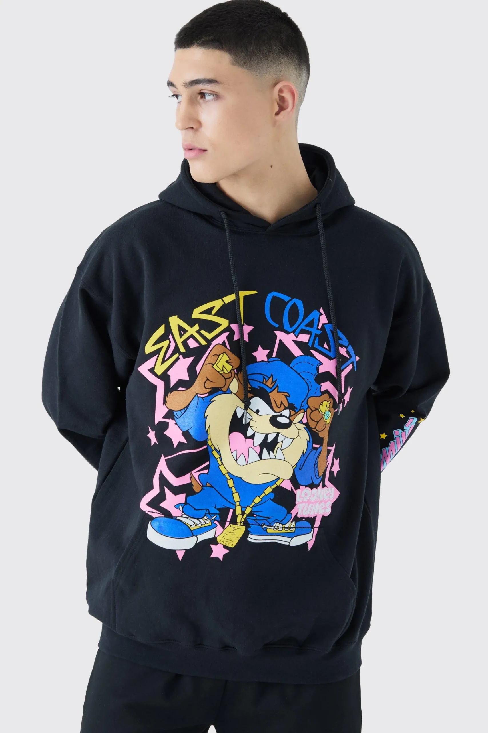 Oversized Looney Tunes Taz Multi Print License Hoodie | BoohooMAN UK