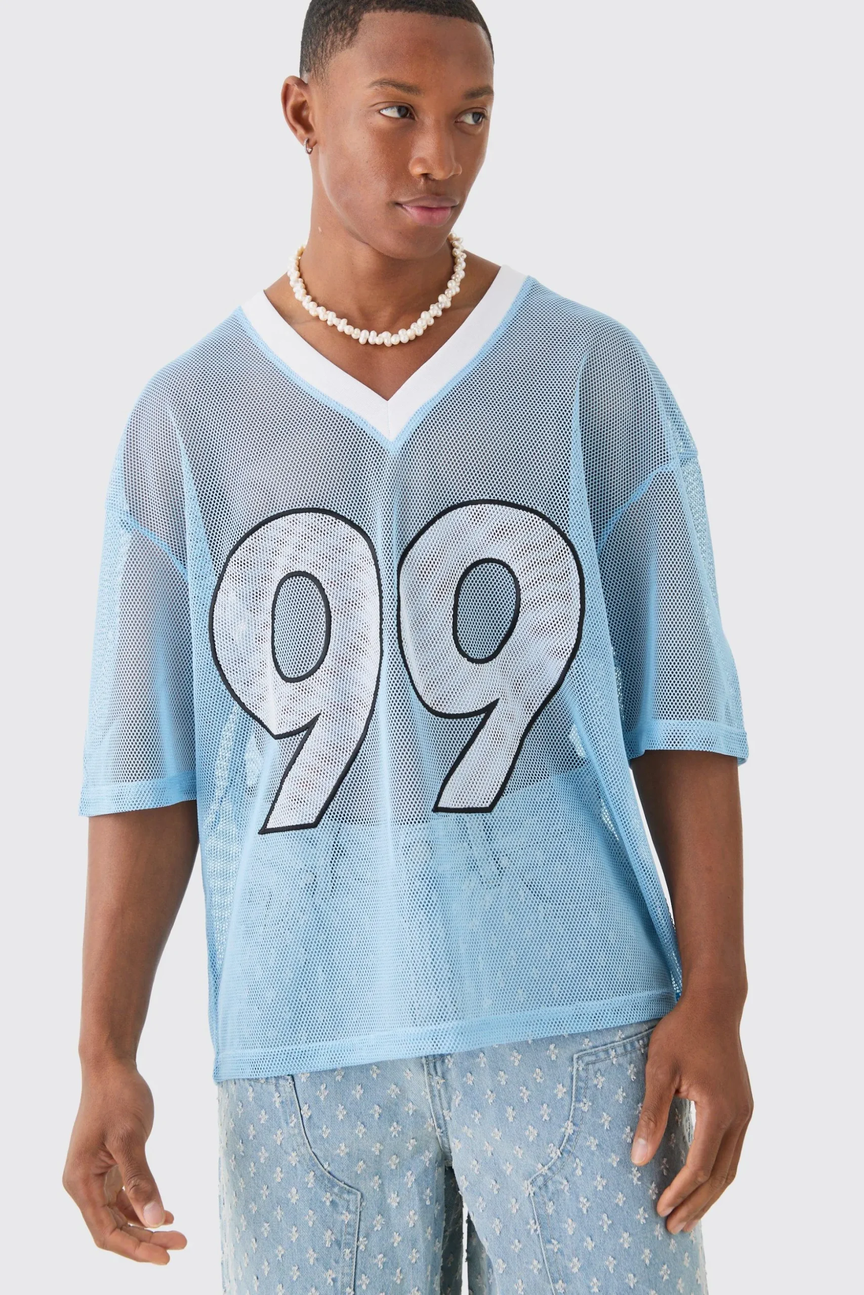 Oversized Mesh Applique Varsity Top | BoohooMAN UK
