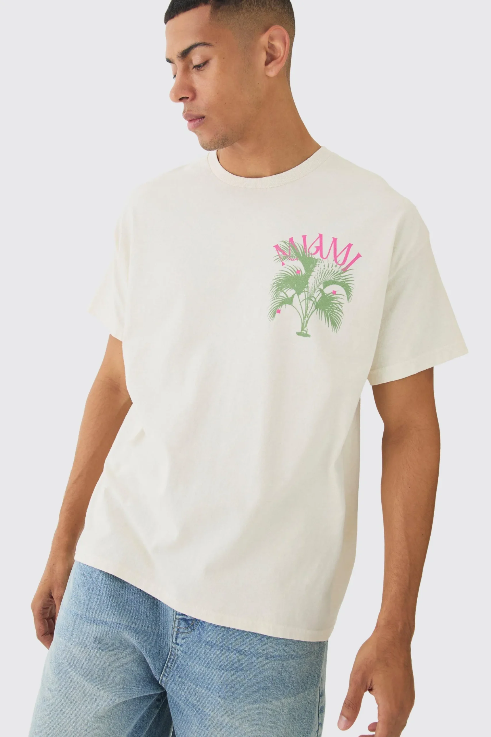 Oversized Miami Plant Print Wash T-shirt | BoohooMAN UK
