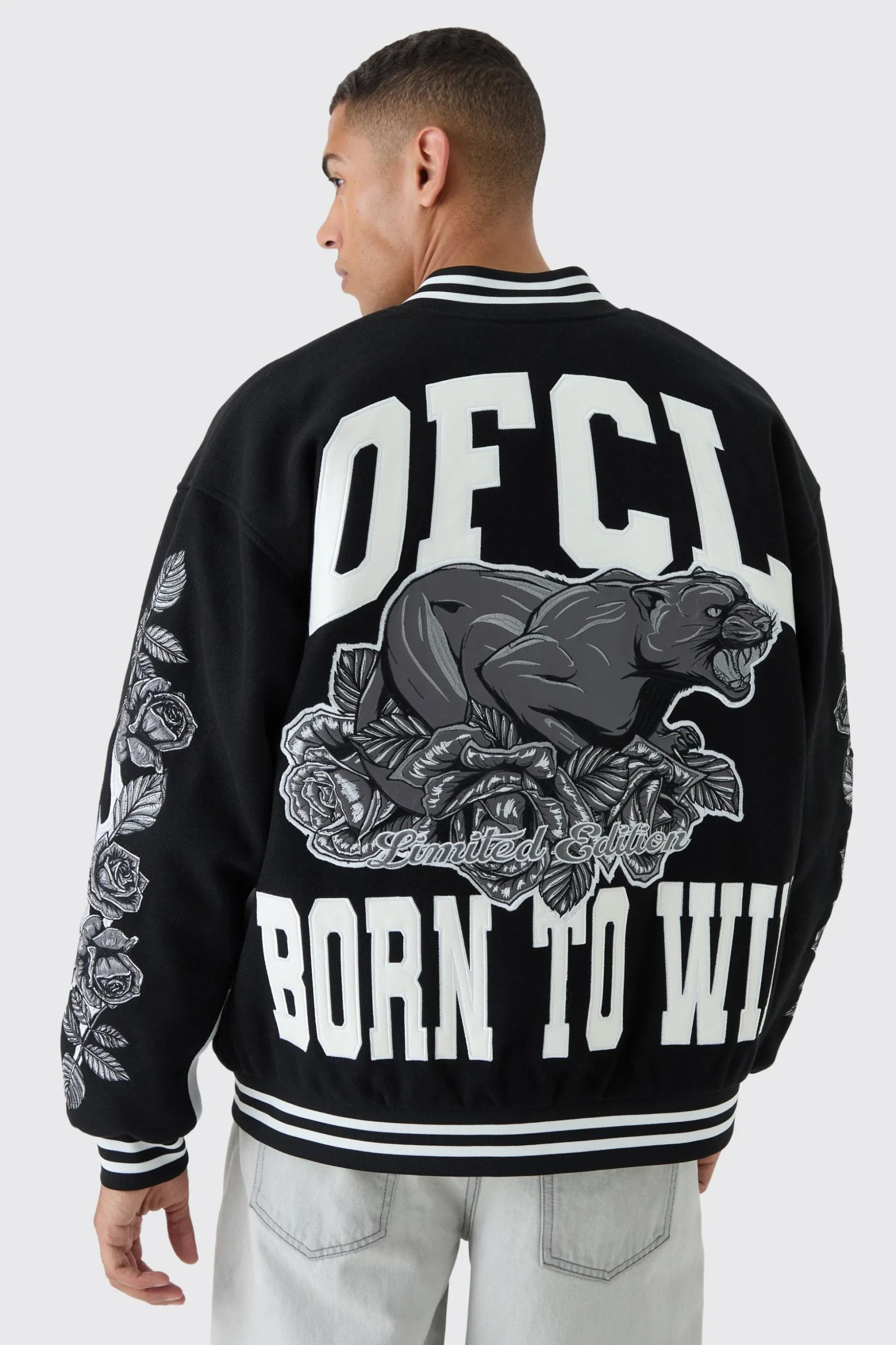 Oversized OFCL Rose Varsity Jacket In Black | BoohooMAN UK