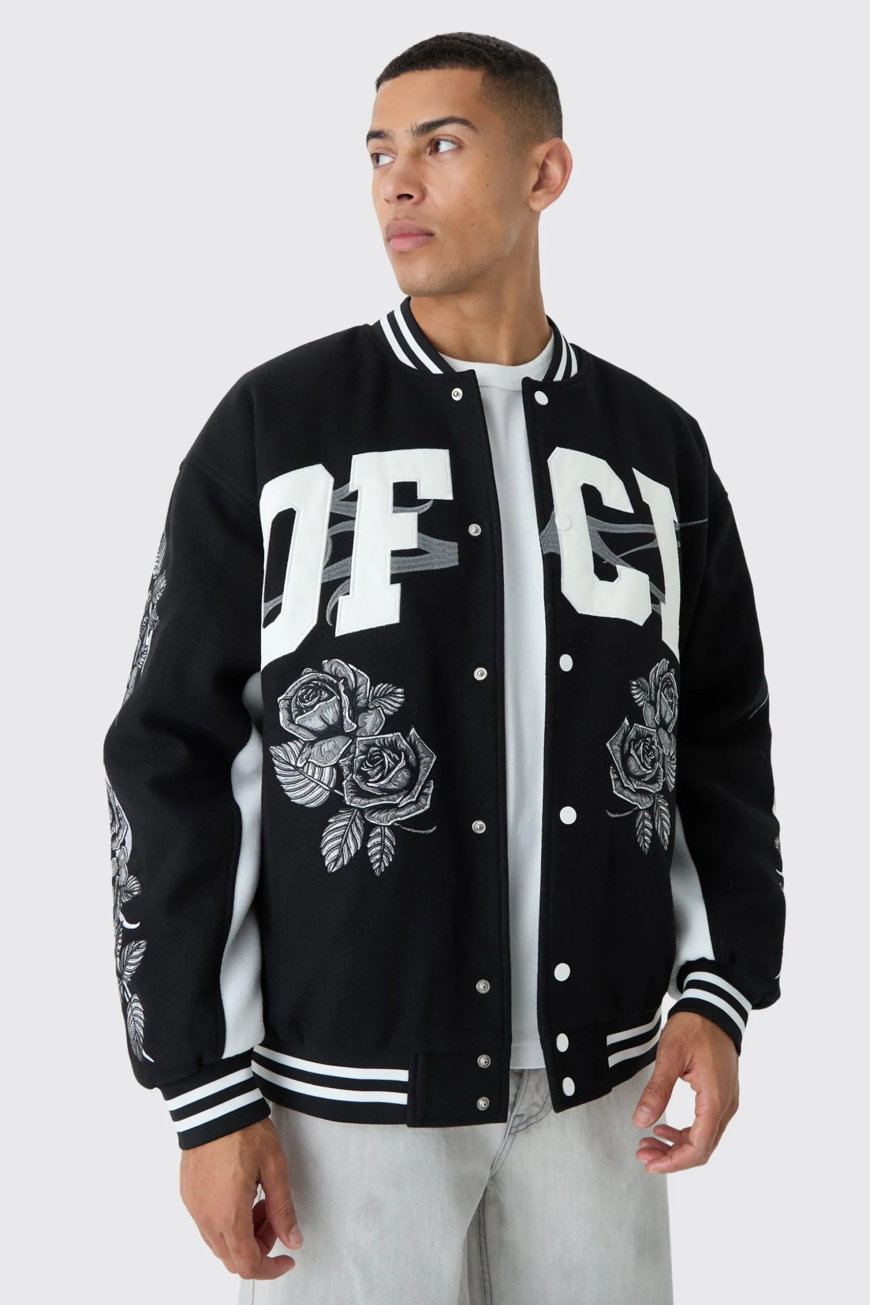 Oversized OFCL Rose Varsity Jacket In Black | BoohooMAN UK