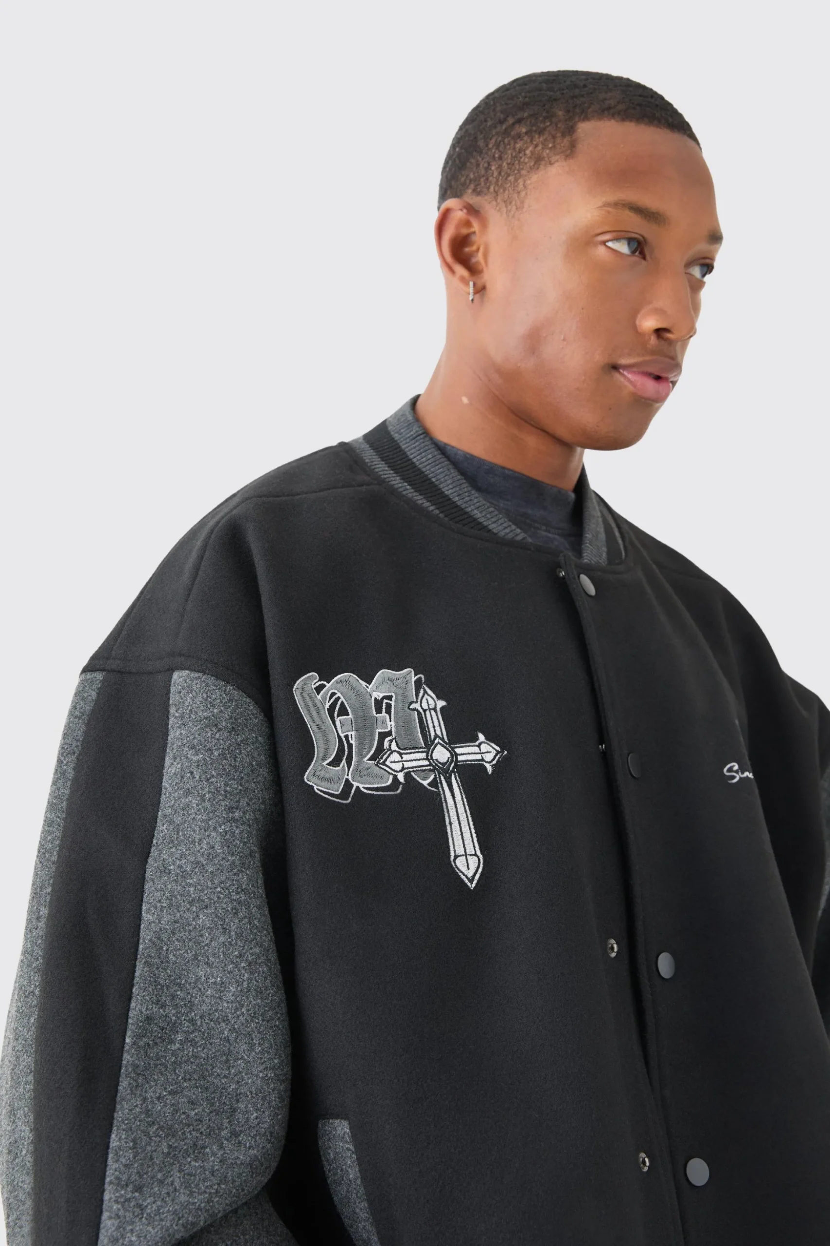 Oversized Official Colour Block Varsity Jacket In Black | BoohooMAN UK