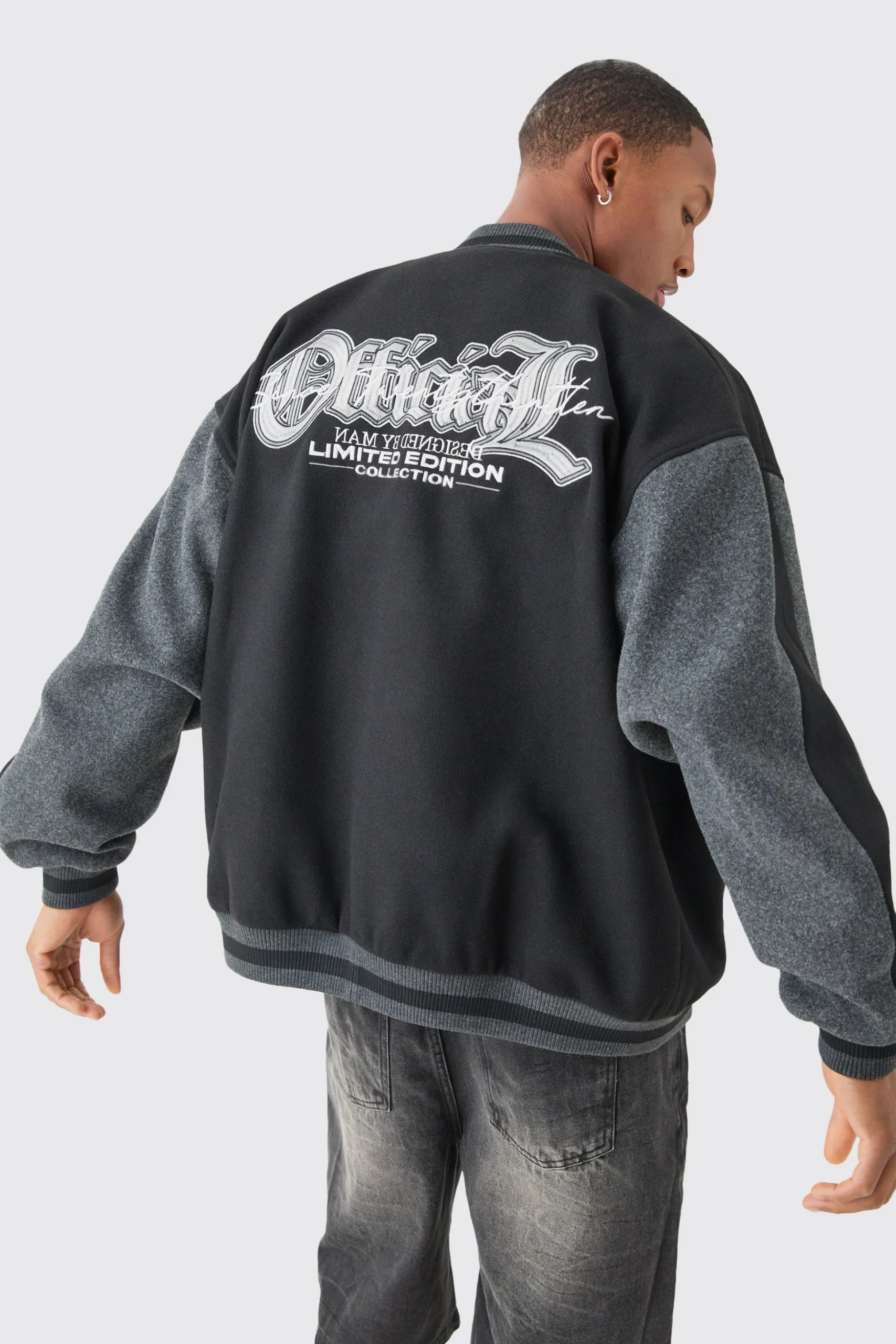 Oversized Official Colour Block Varsity Jacket In Black | BoohooMAN UK