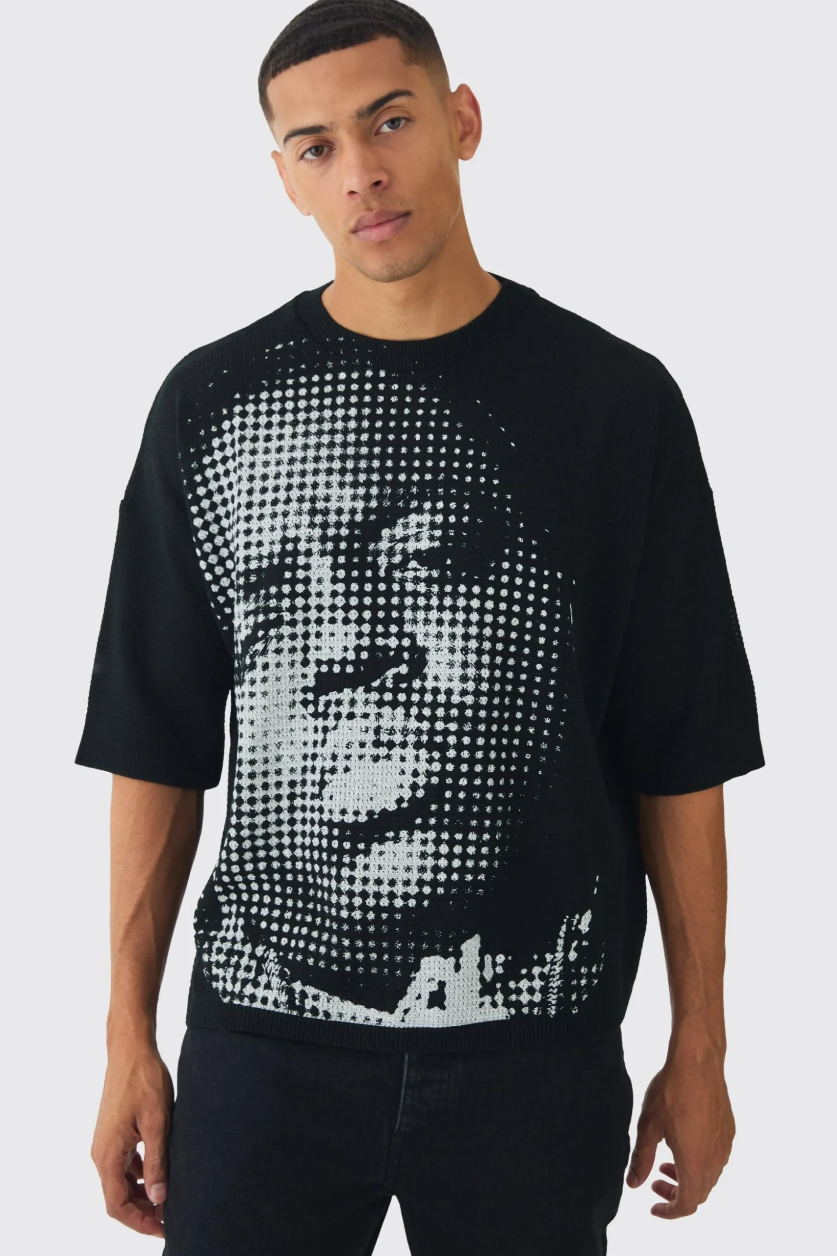 Oversized Open Stitch Biggie License Printed Knitted T-shirt | BoohooMAN UK