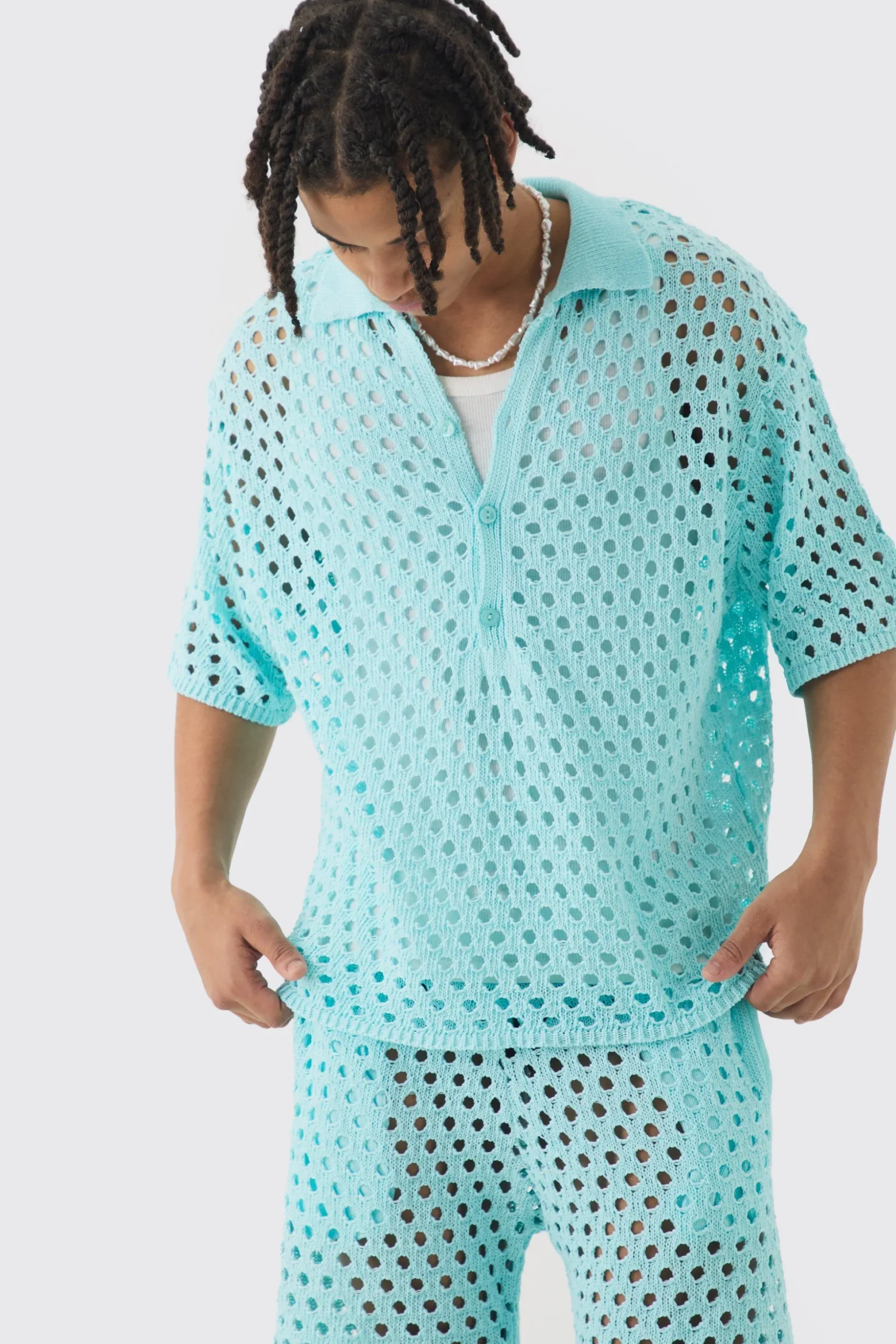 Oversized Open Stitch Polo & Short Set | BoohooMAN UK