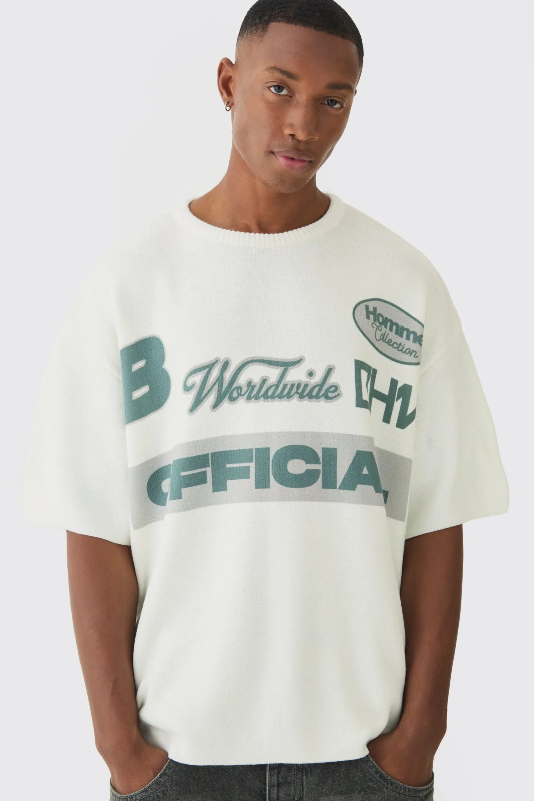 Oversized Open Stitch Printed Knitted T-shirt | BoohooMAN UK