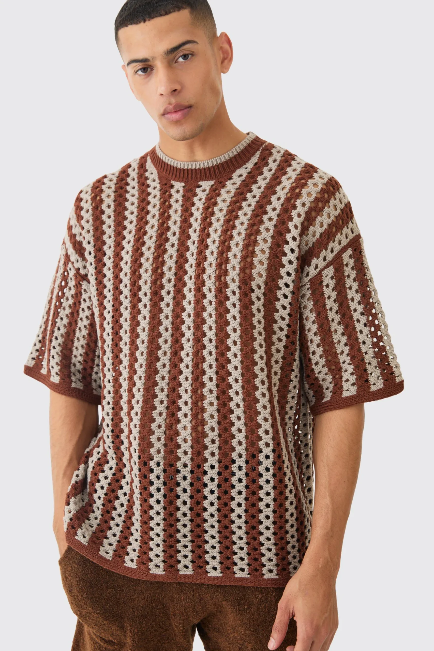 Oversized Open Stitch Stripe T-shirt | BoohooMAN UK