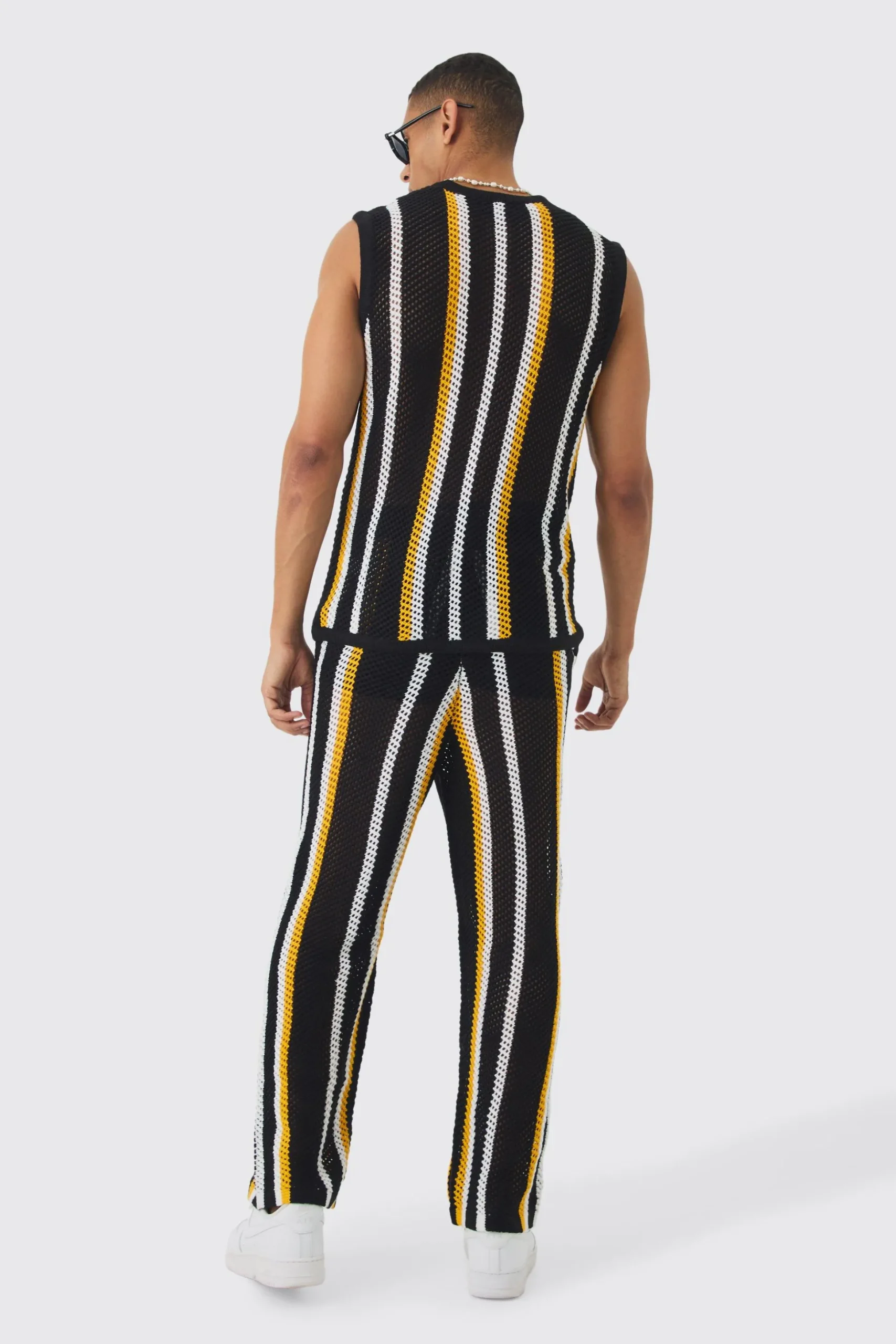 Oversized Open Stitch Stripe Knitted Tank & Trouser Set | BoohooMAN UK