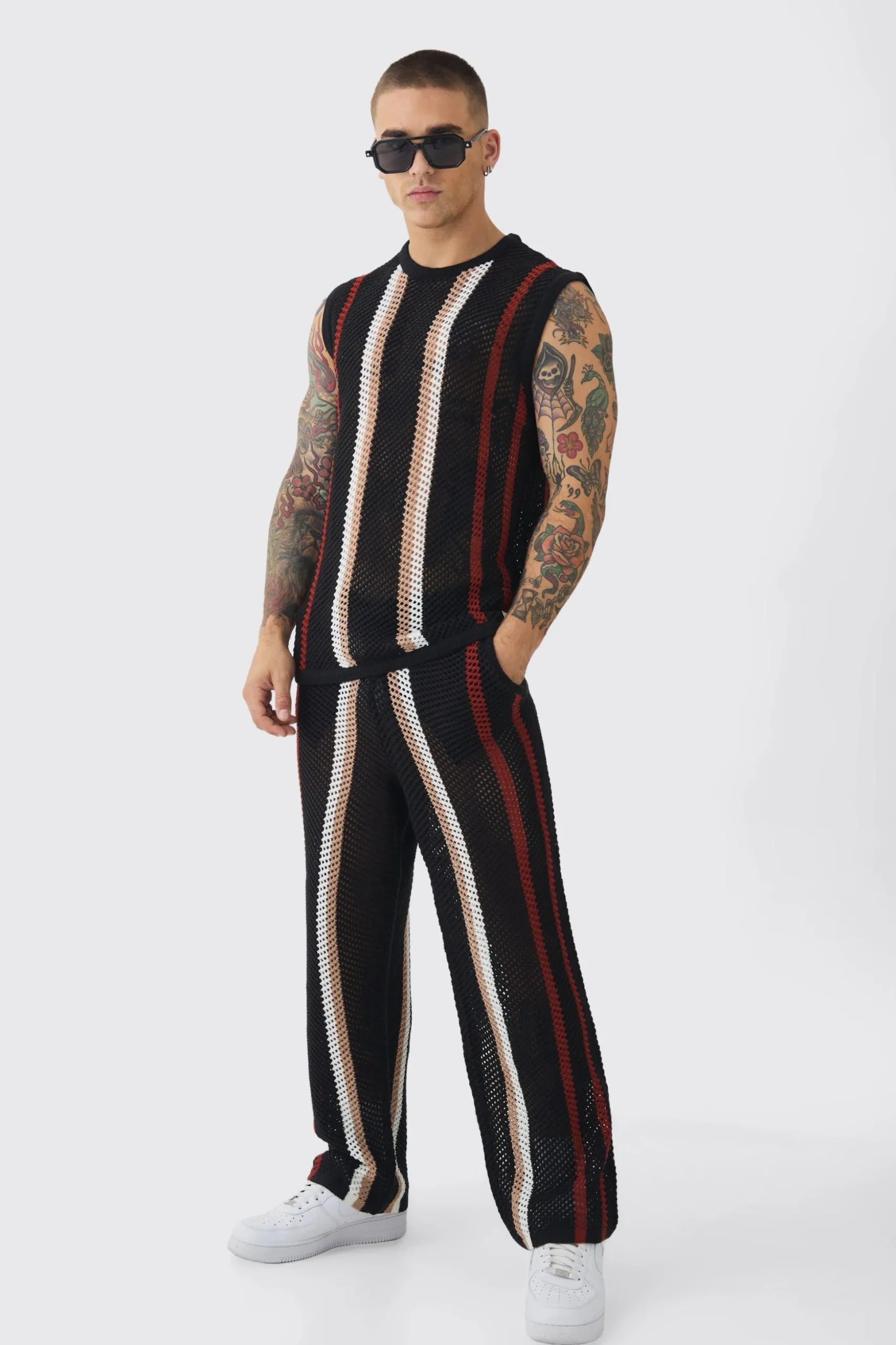 Oversized Open Stitch Stripe Knitted Tank & Trouser Set | BoohooMAN UK