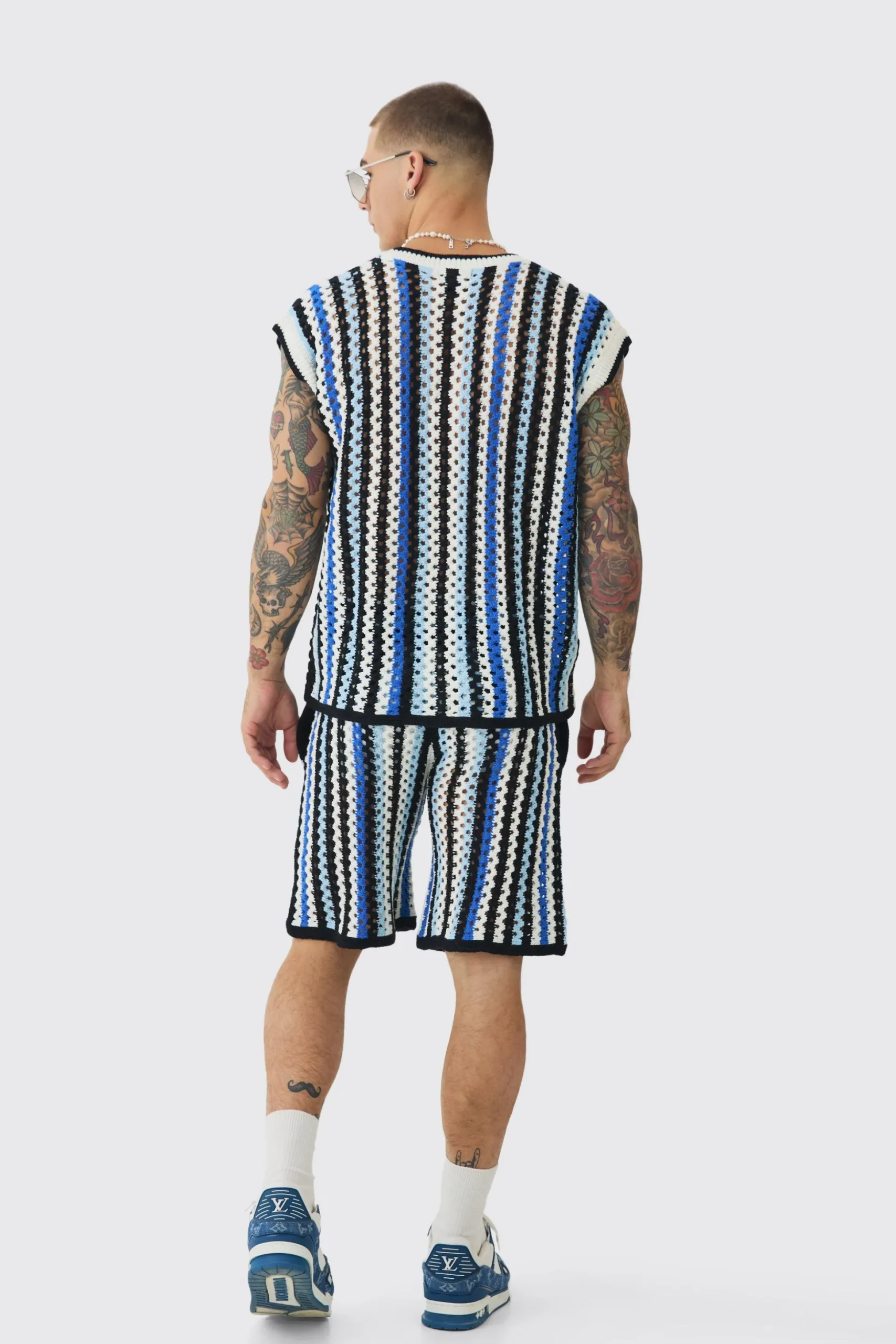 Oversized Open Stitch Stripe V Neck Tank And Short Set | BoohooMAN UK