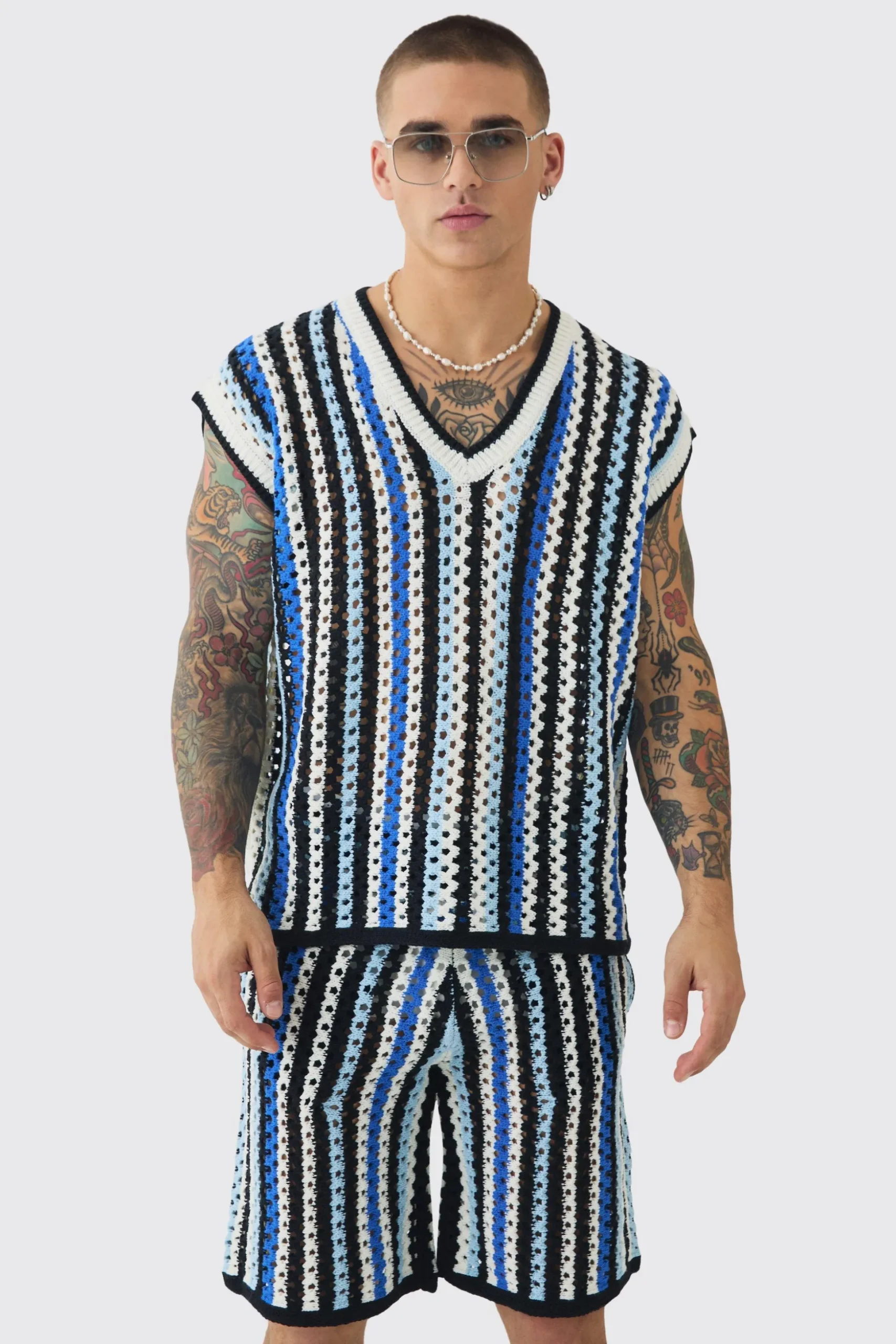 Oversized Open Stitch Stripe V Neck Tank And Short Set | BoohooMAN UK